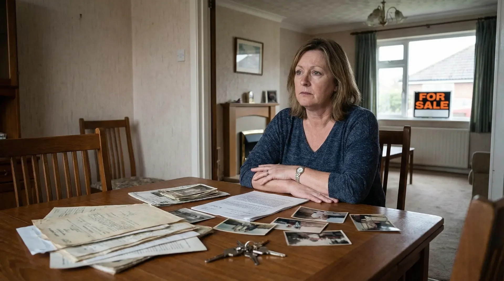 A woman sits at a desk in her home, studying paperwork and belongings from a deceased loved one, while a “For Sale” sign is visible in the window behind her.