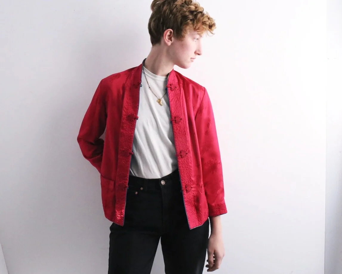 1960s silk reversible jacket in dark pink and pale blue silk