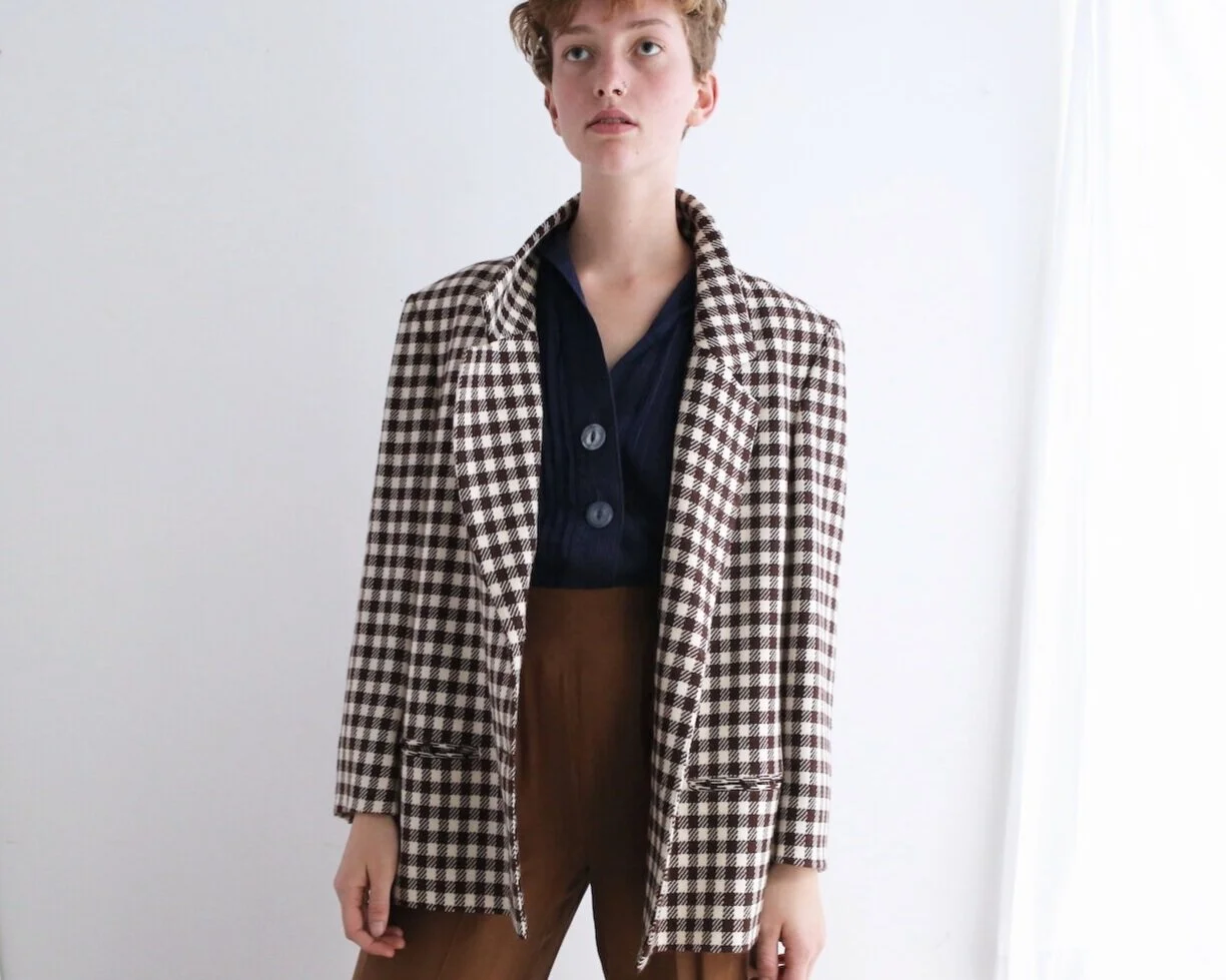 1970s mens sport coat in brown and cream gingham check