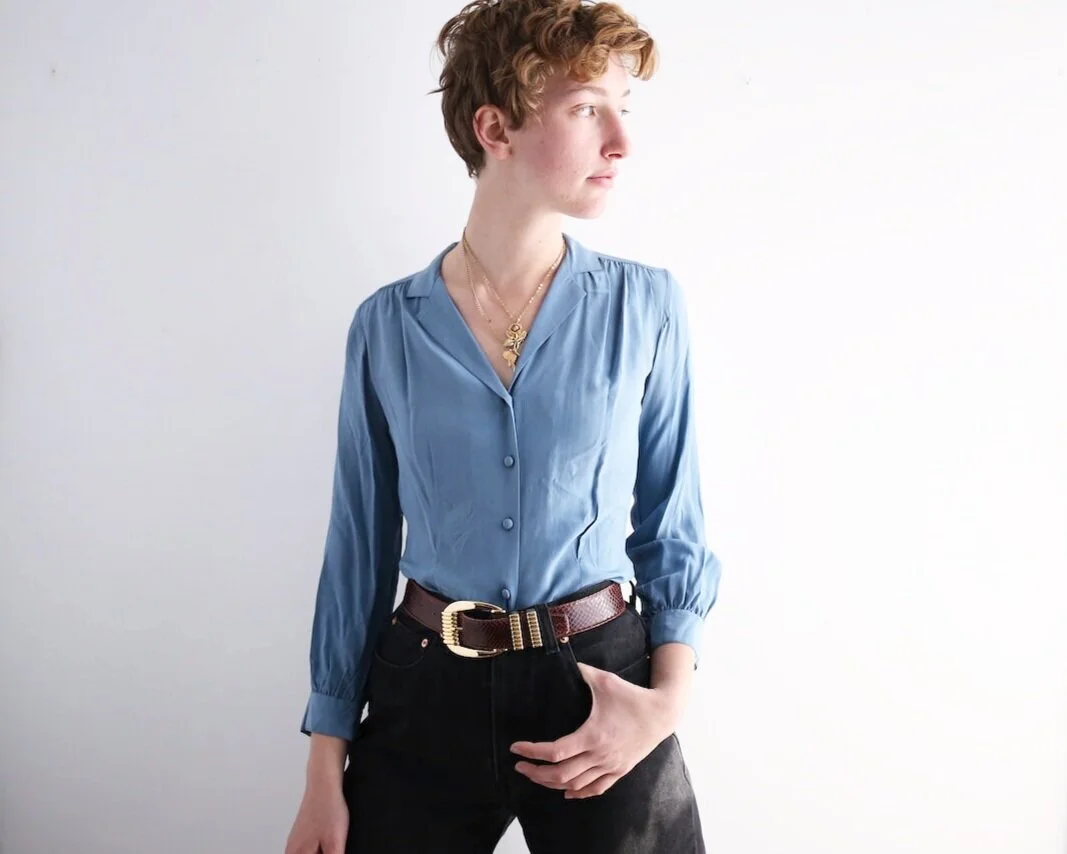 1940s silk blouse in periwinkle blue