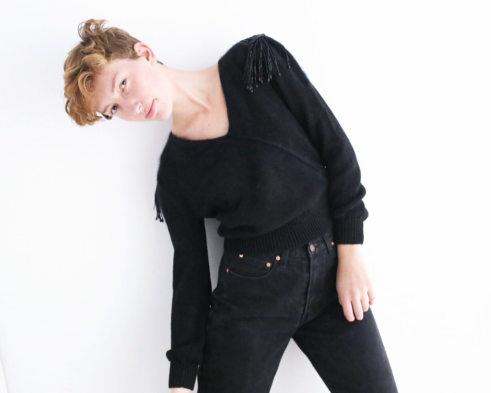 1980s black angora mix V neck sweater with beaded epaulets