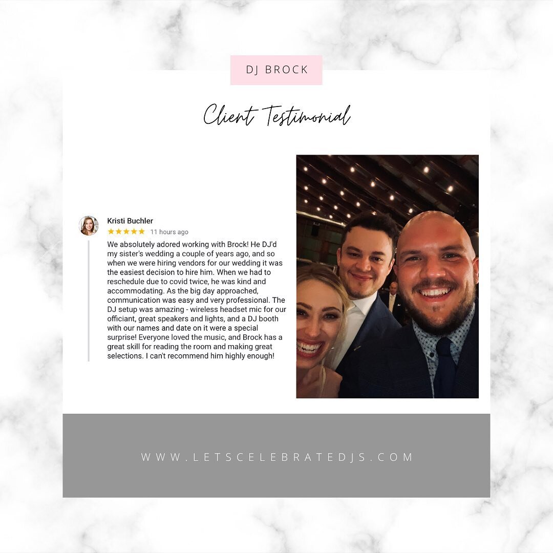 Thanks for the review @kbcherie 😍 #LetsCelebrate #WeddingDJ #Weddings #WeddingProfessional #IllinoisDJ #DJBrock