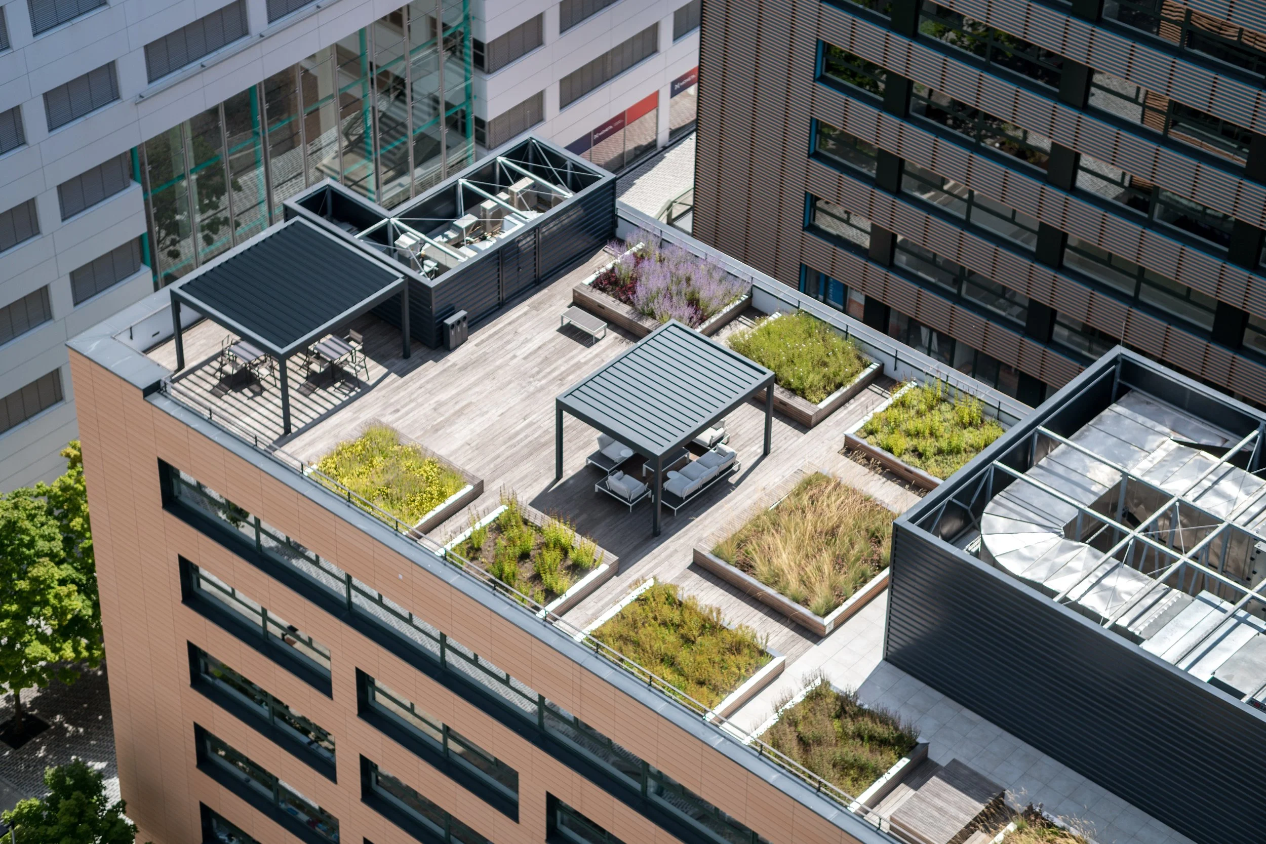 Vegetative green roof system creating landscaped and usable rooftop space on a commercial building.