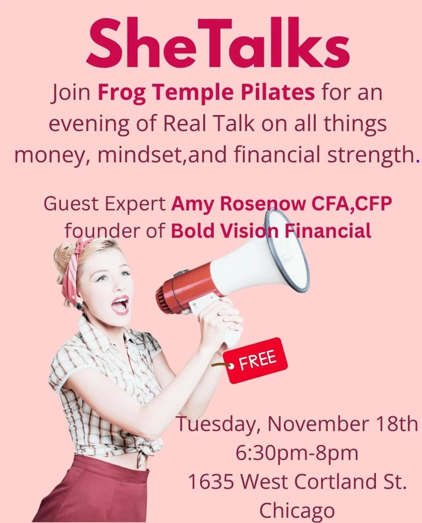 Join us for our second SheTalks Event! 
We’ll have an evening of real conversation and a whole lot of financial empowerment with our friend Amy Rosenow, CFA, CFP, founder of Bold Vision Financial.
We’re talking money, mindset, and midli
