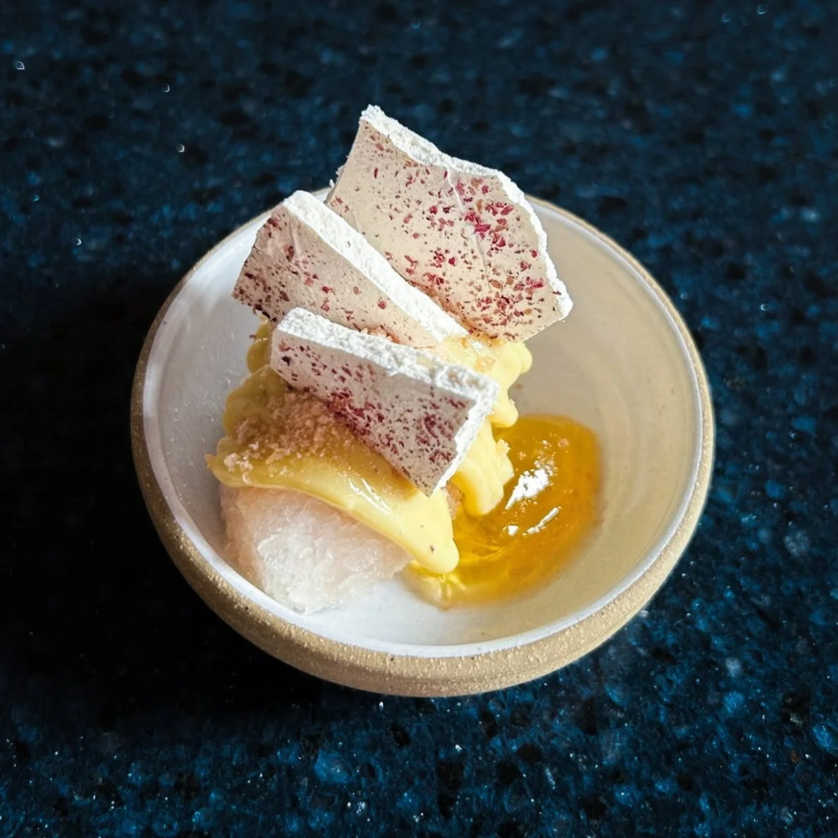 GRANITA 

Flemish pear, fortified Pinot Gris gel&eacute;e, pistachio crema, dehydrated meringue with Persian rose

#barbararestaurant #vancouverrestaurant #bcwines #chinatownvancouver #barbaravancouver