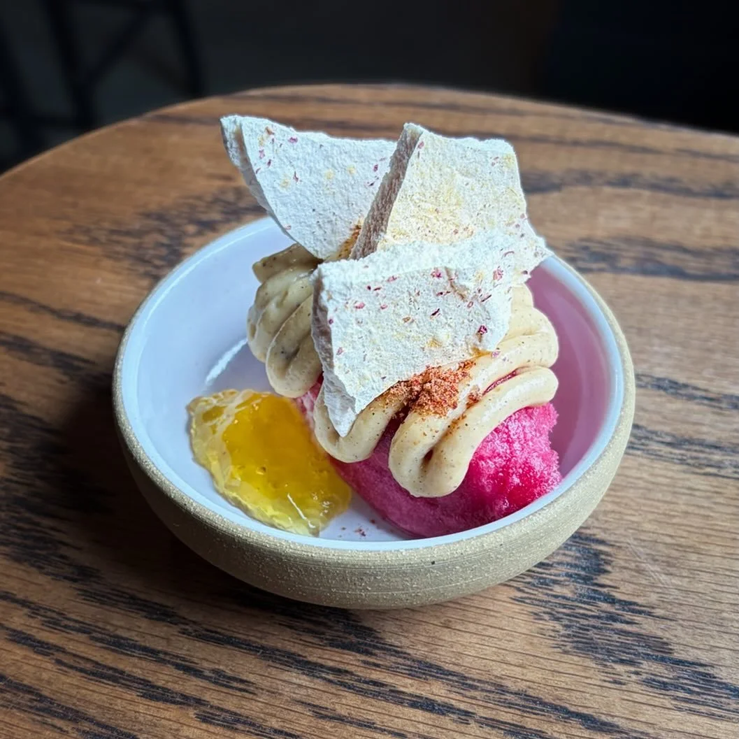 SEASONAL GRANITA 

Santa Rosa plum, cardamom cream, fortified Pinot Gris gel&eacute;e, dehydrated meringue with Persian rose and ginger

#barbararestaurant #vancouverrestaurant #bcwines #chinatownvancouver #barbaravancouver