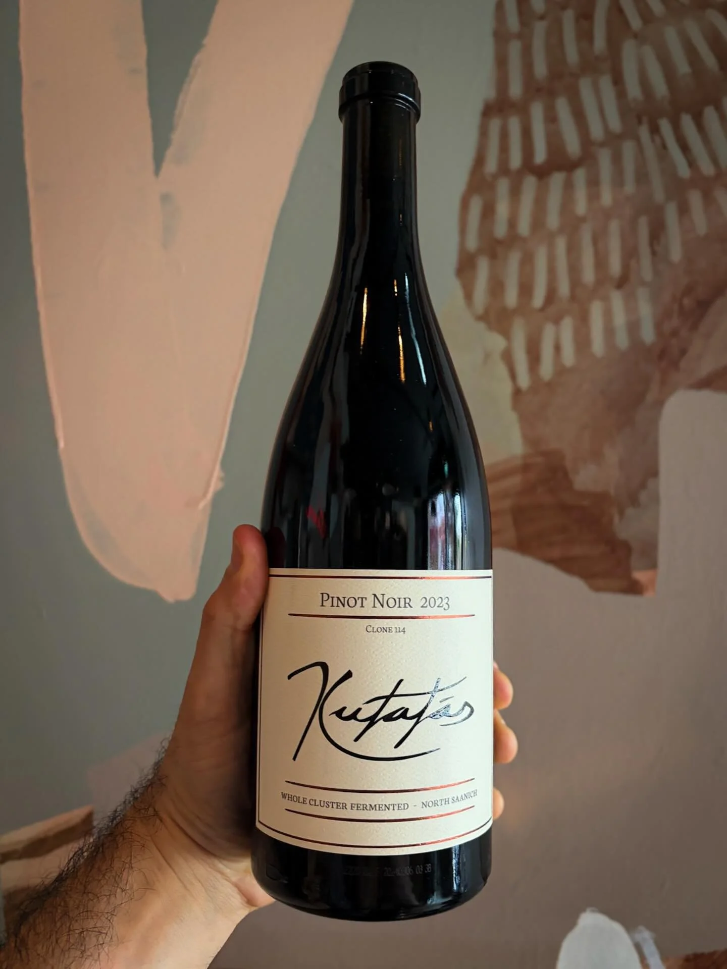 Kutatas 2023 Whole Cluster Pinot Noir

North Saanich, Vancouver Island grown Pinot Noir, clone 114. Dry farmed.
Spontanous whole bunch fermentation . 6 week maceration. Aged in 2-4 year old french oak barrels. Unfined/unfiltered.

With superb acid an