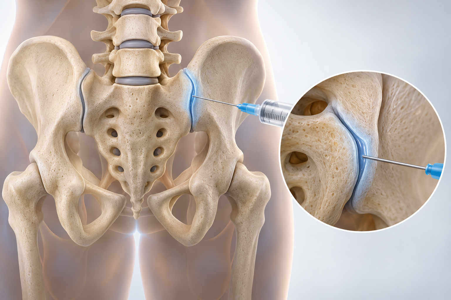 Medical illustration showing a syringe administering an injection into the hip joint of a human skeleton, with a zoomed-in view of the injection site.