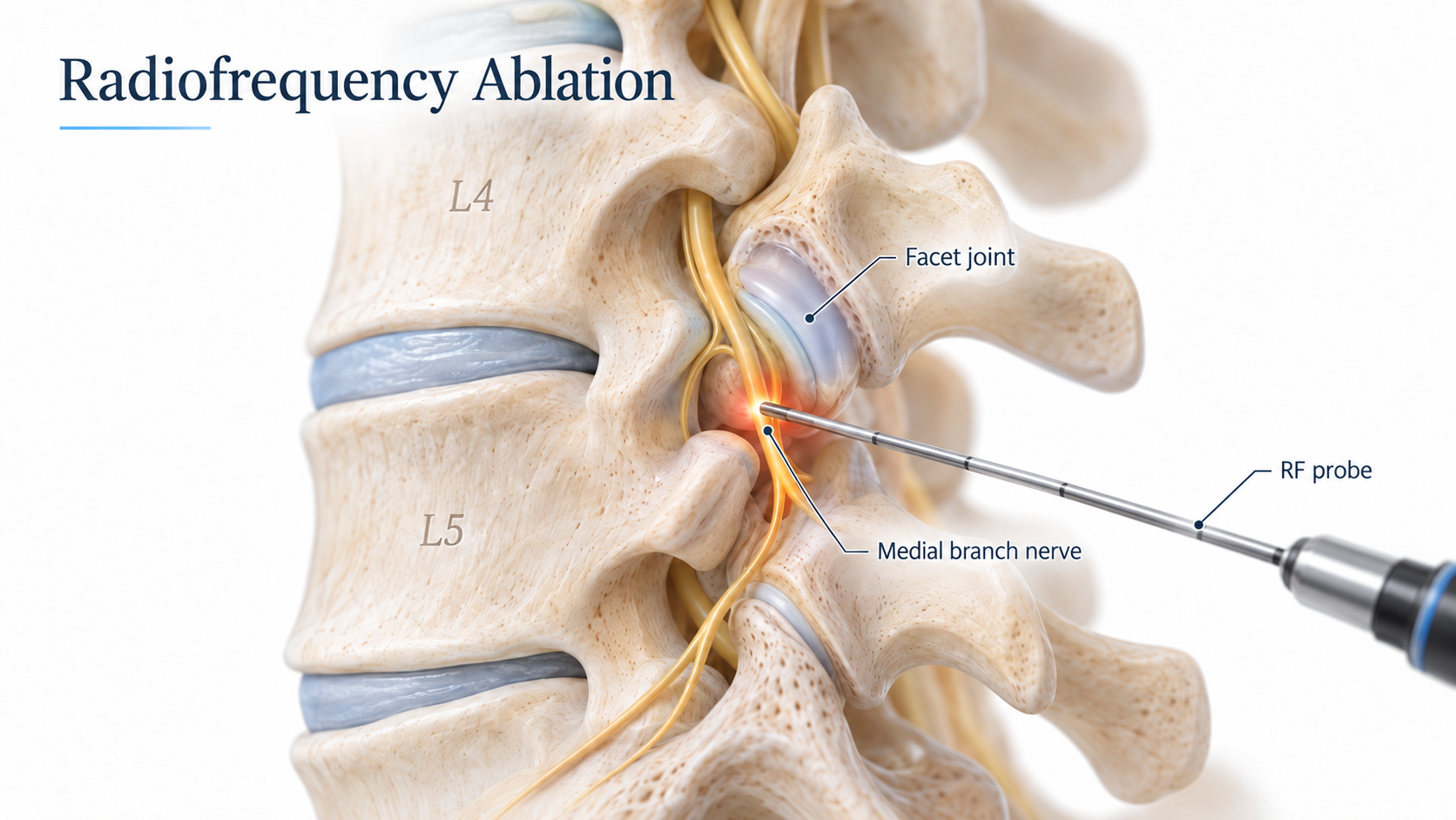 A medical illustration showing a spinal vertebra with a procedure called radiofrequency ablation. The image highlights the facet joint, medial branch nerve, and shows a RF probe being inserted into the nerve with some heat at the target site. The vertebrae labeled L4 and L5 are visible.
