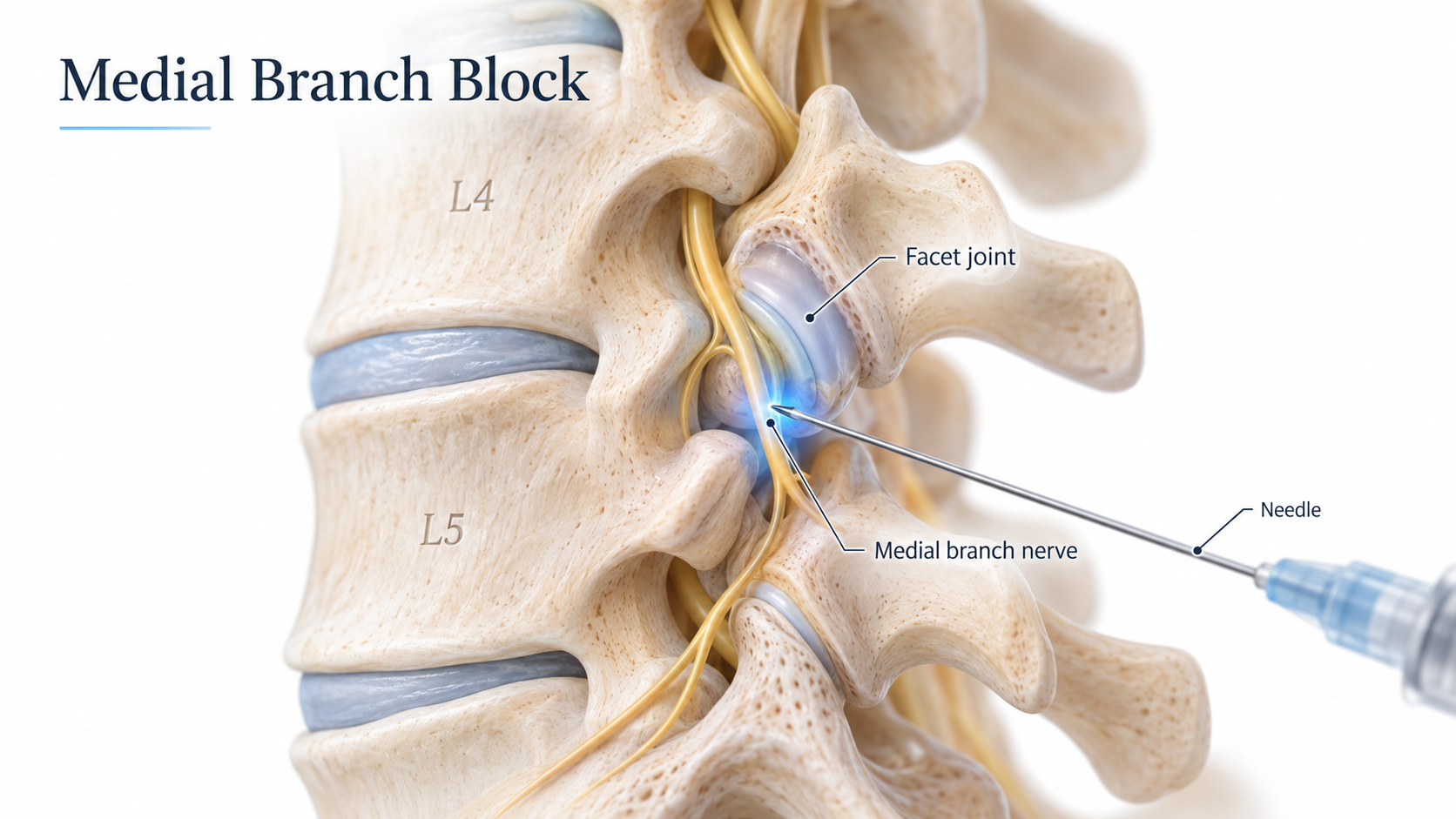 A medical illustration of a human spine showing a medial branch nerve block procedure. The image includes labels for the facet joint, needle, medial branch nerve, and vertebrae L4 and L5, with a highlighted area indicating the injection site.