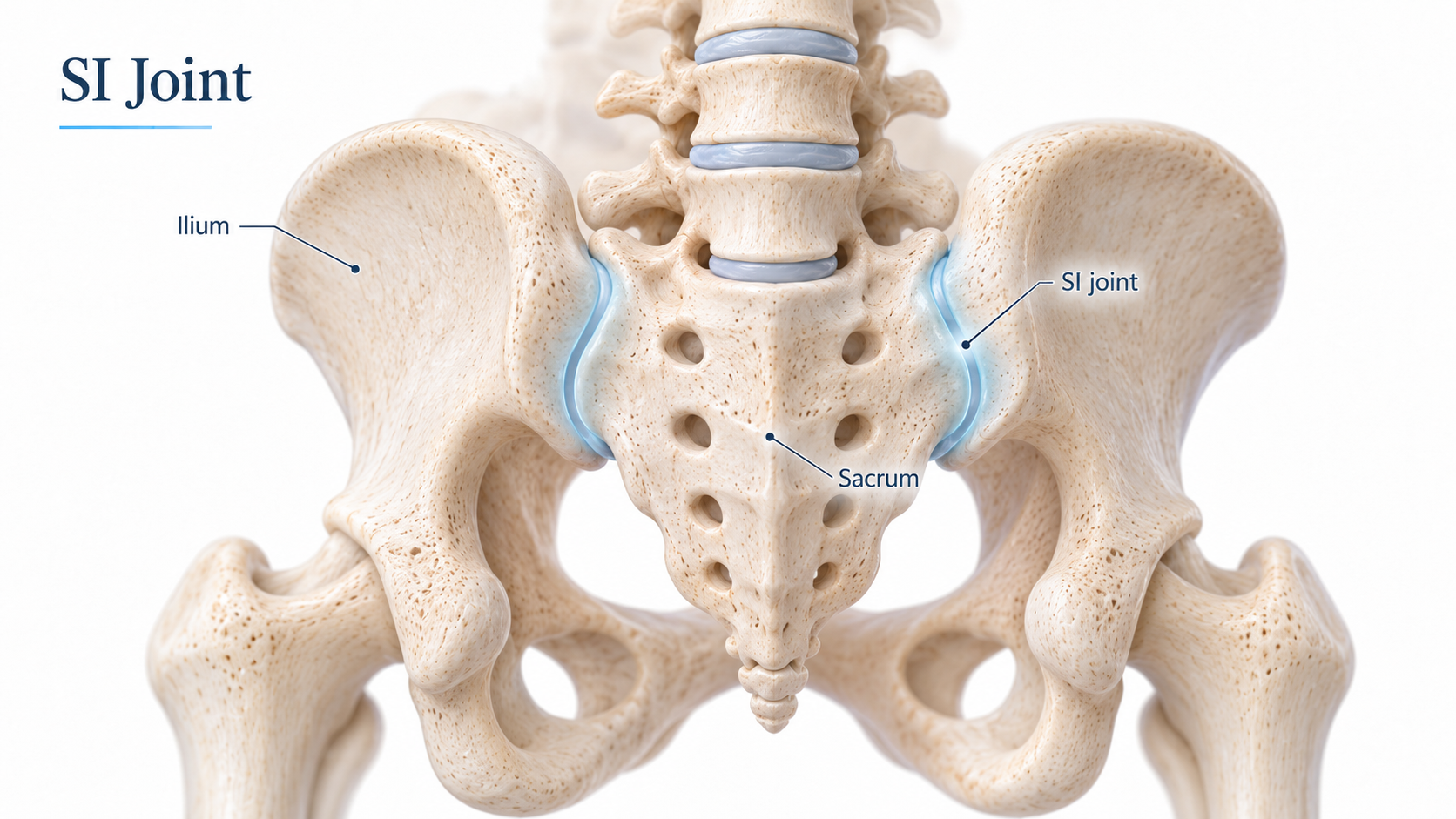 An anatomical illustration of a human pelvis focusing on the sacrum and iliac bones, highlighting the SI joints with labels.