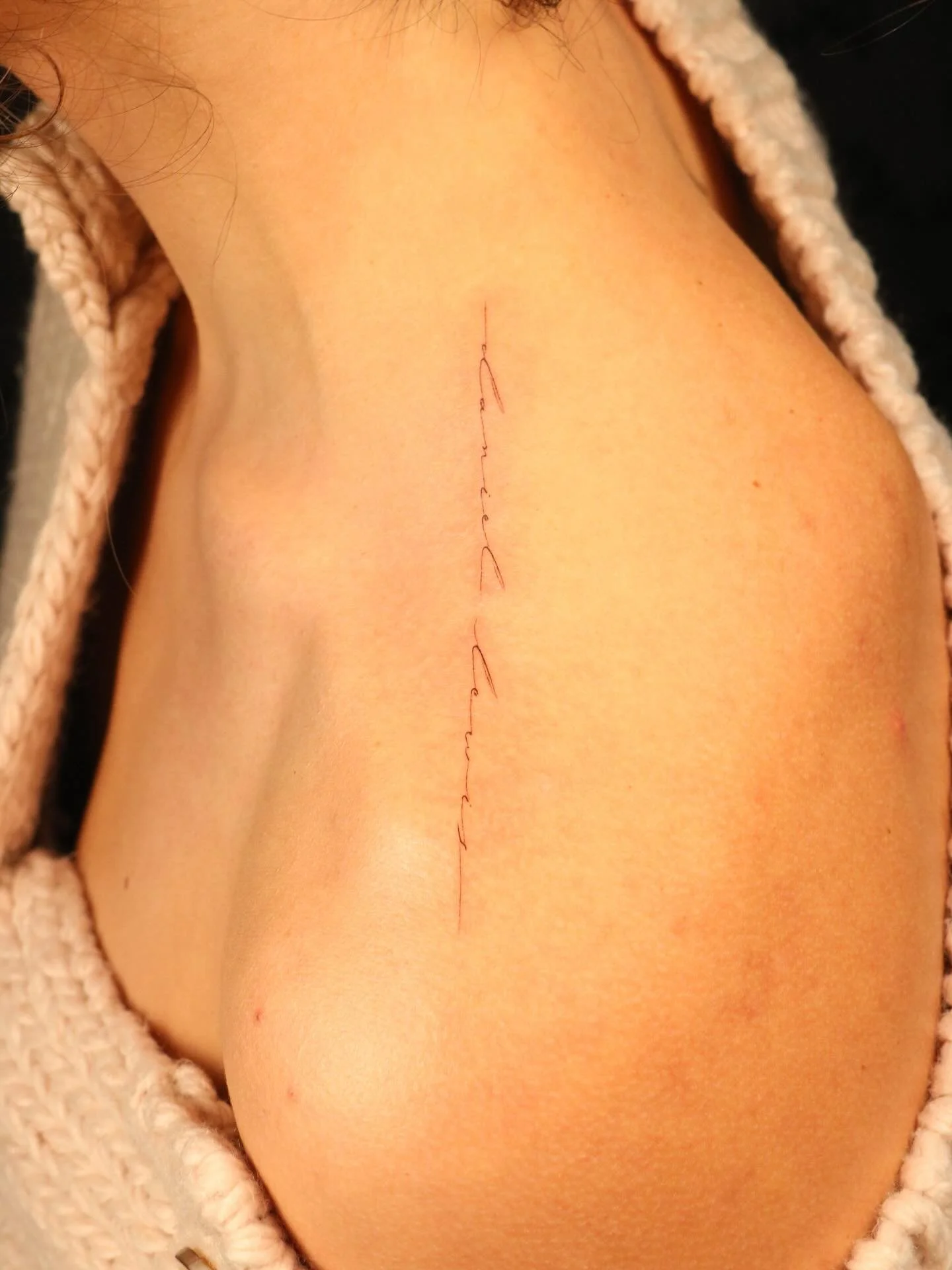 Single need cursive tattoo

Done in San Francisco Bay Area.
&bull;
&bull;
&bull;
&bull;
&bull;
#singleneedle #delicate #dainty  #tattoo #ink #artist #sanfrancisco #bayarea #fineline #cursive #signature