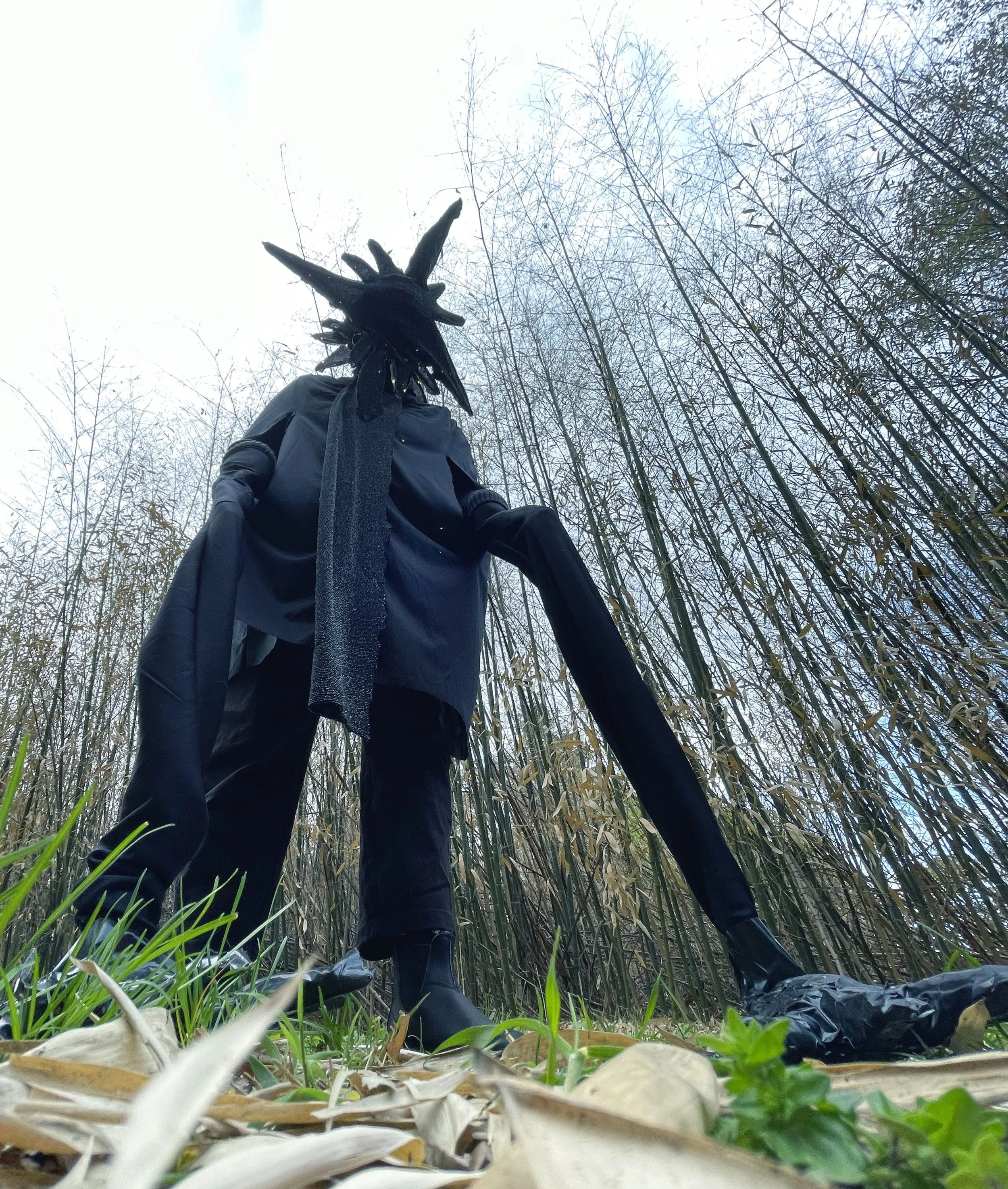 Dark Star & Moon Costumes, 2022, Synthetic Fabric, Wire, Bamboo, Hot Glue, Cardboard, Duct Tape, String Lights, Chimes.