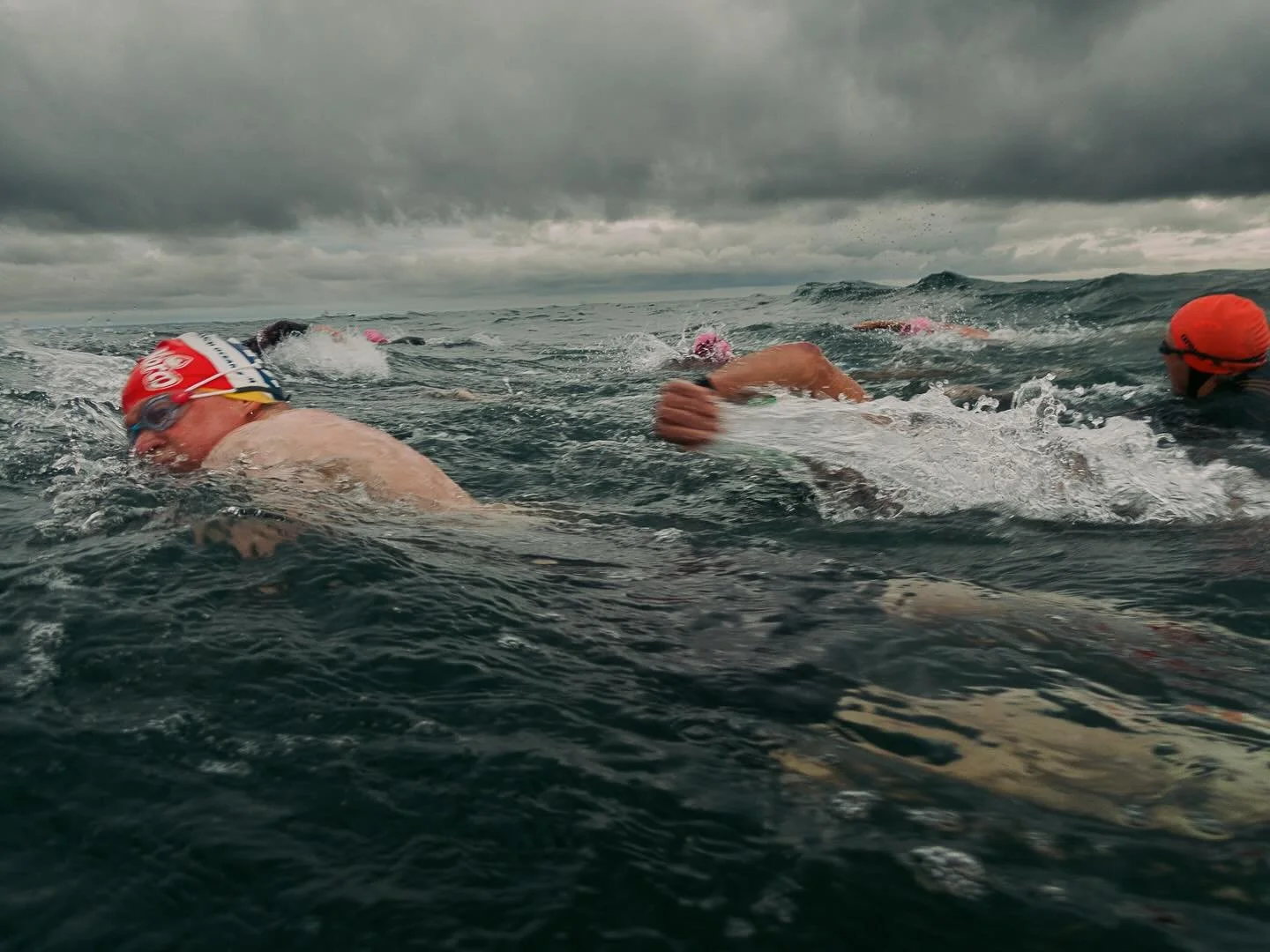 Swimming together as a pod under dark skies. A shared love of the ocean is a beautiful thing to build a community around. 🏊&zwj;♂️🌊❤️
