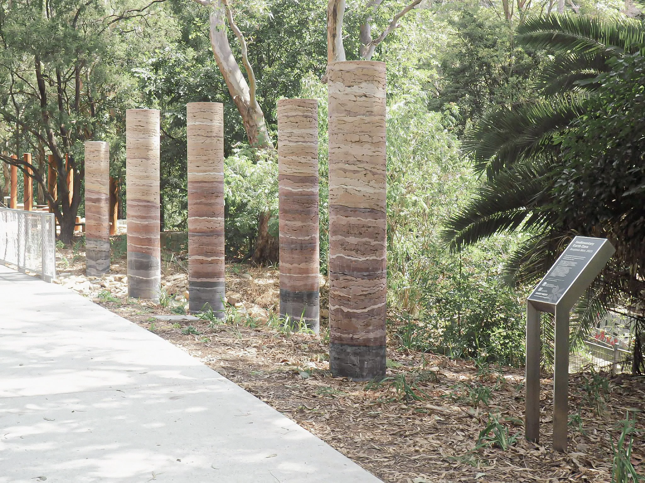   SEDIMENTARY EARTH CORE   by BENJAMIN MUIR    Project - Public &nbsp;Art Commission  Location - &nbsp;Cadigal Reserve, Summer Hill | Greenway  Year - &nbsp;2025  Status - &nbsp;Complete  The columns stand as core samples, exposing the rich tapestry 