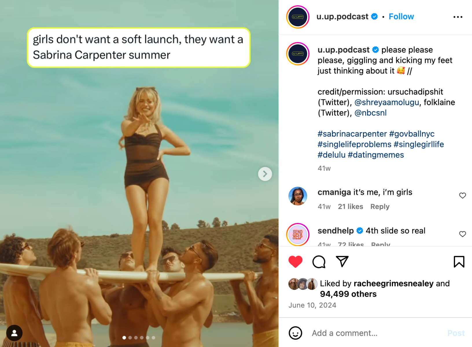  What:   Mixed media carousel  
 Why:   Join trending conversation around Sabrina Carpenter following the release of "Please Please Please" 
 How was it a success:  1.1m impressions, 11.34% ER