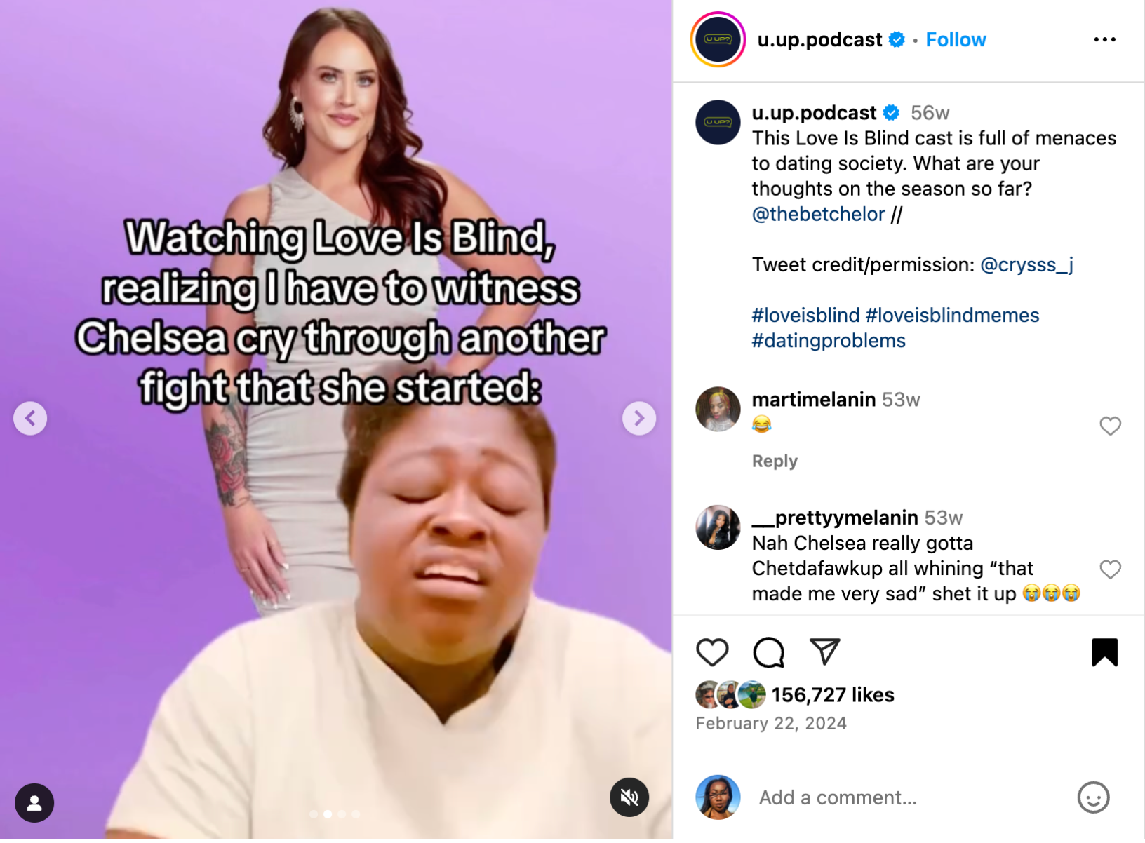   What:   Mixed media carousel 
  Why:   Testing Love Is Blind content while Season 6 was airing and notably trending on Instagram, TikTok, and Twitter. 
  How was it a success:  2.6m impressions, 12.09% ER