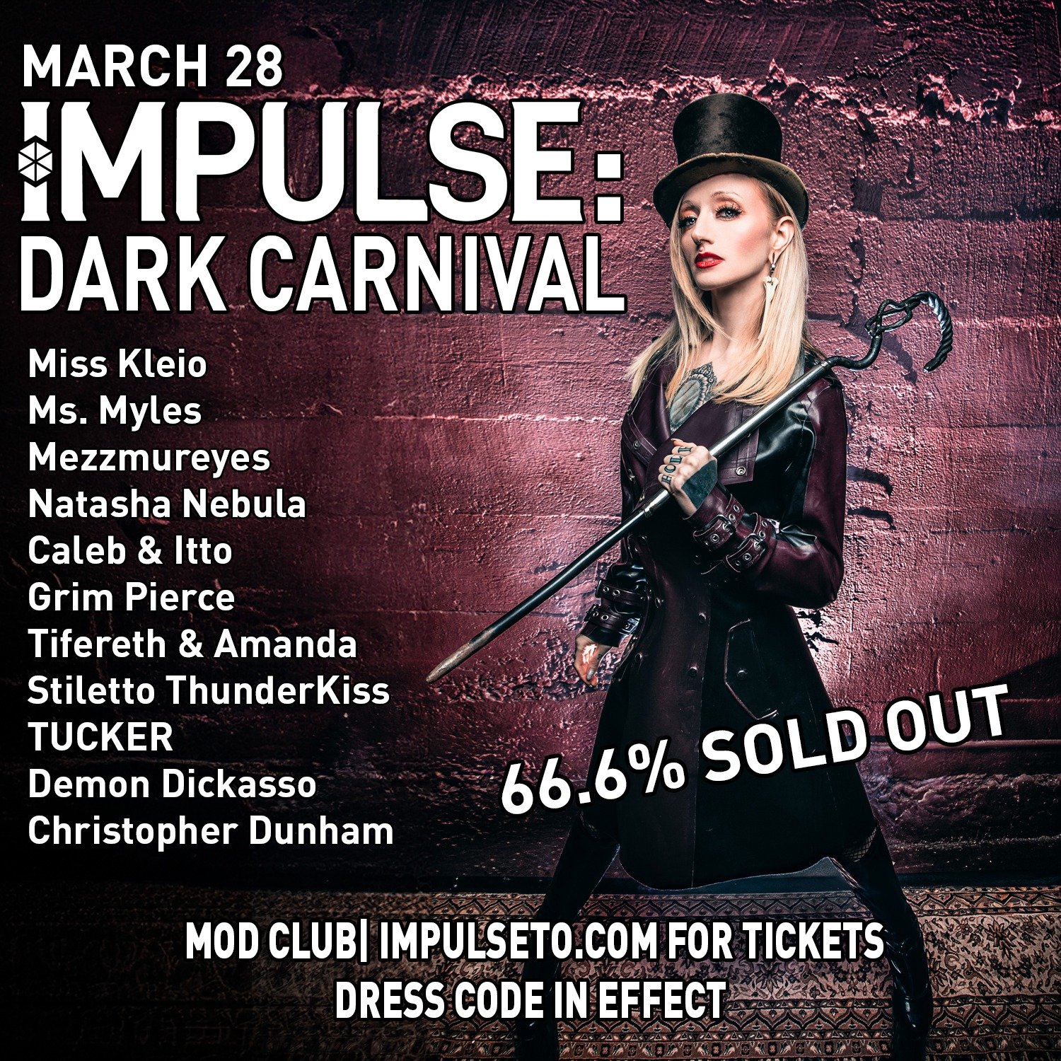 We are under 2 weeks out from our Historic 10th Anniversary event, Dark Carnival! March 28 @ The Mod Club. A night full of our best Art, Fetish and Dance that only Impulse could bring you, with plenty of surprises in store. 

Tickets are moving fast,
