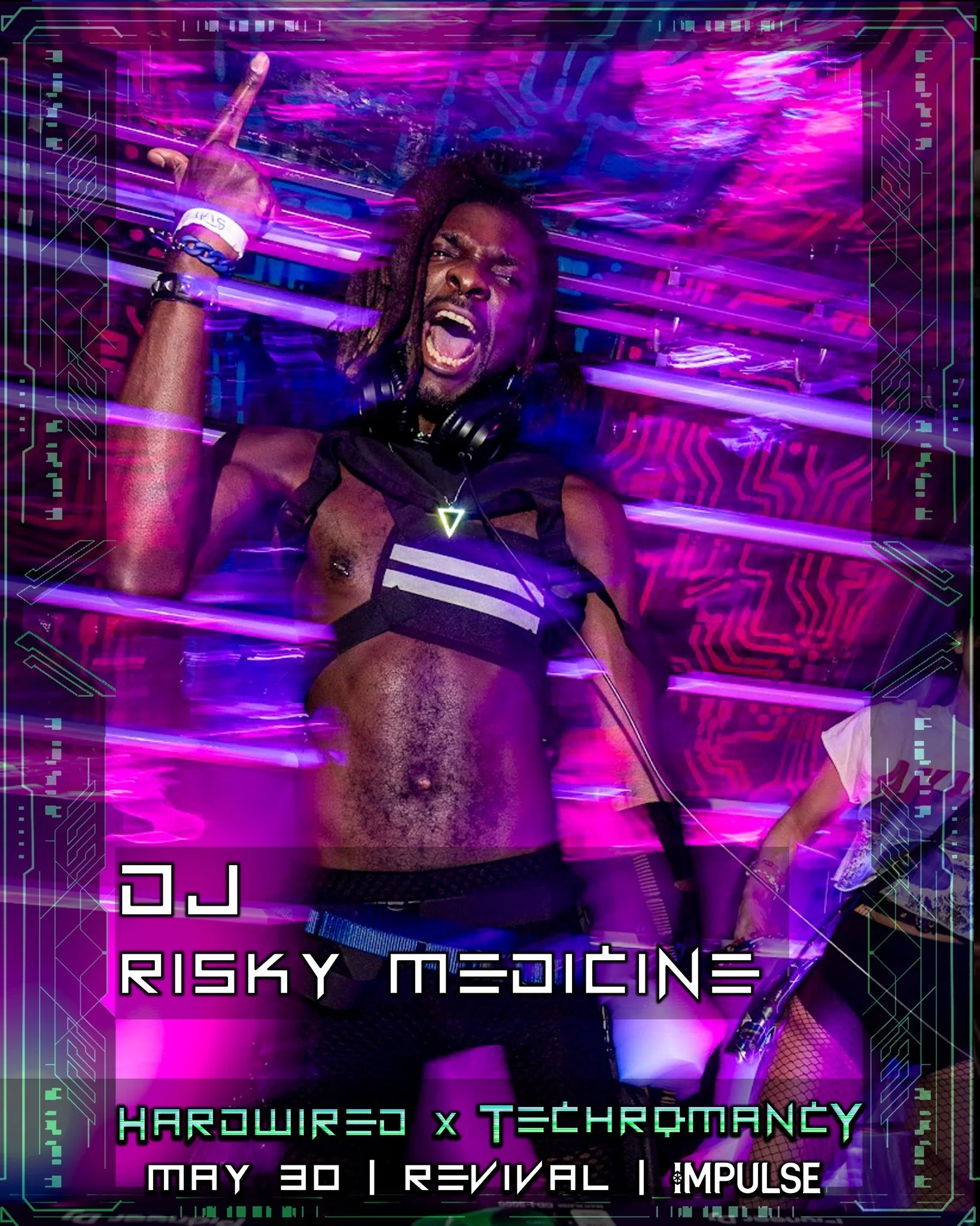 Hardwired X Techromancy (HxT) is bringing you 7 DJs across 2 stages, and just as many performances across our neon-washed playground! 

Continuing on, HxT is proud to bring you the one and only Risky Medicine! Who you will be able to find down in the