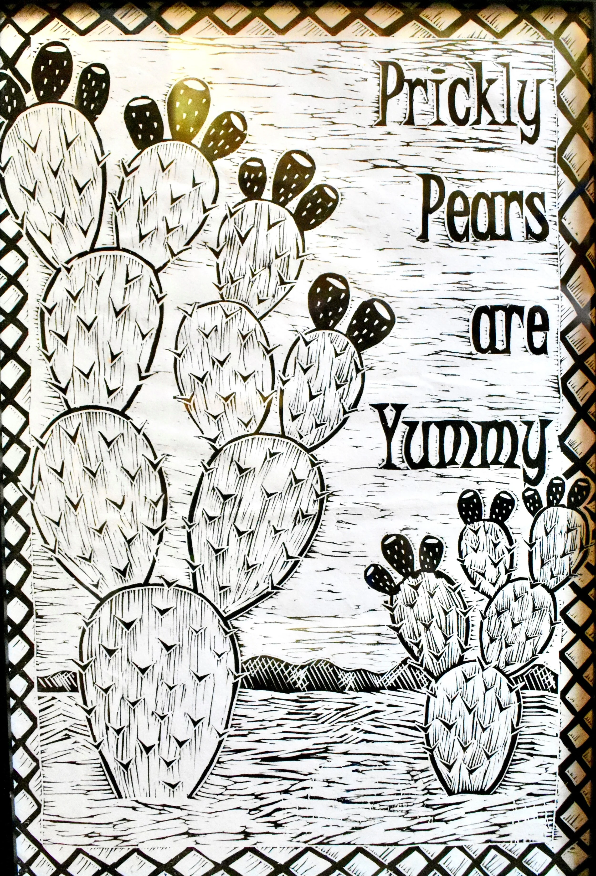 "A Little Known Secret..." Prickly Pears are Yummy ::  

12x18" Linocut Monoprint on Stonehenge Paper