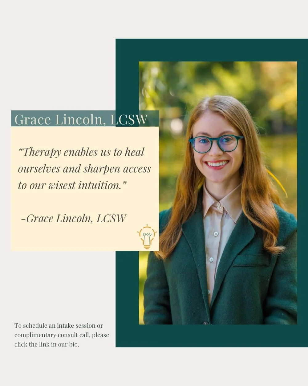 Meet Grace Lincoln, LCSW (she/her) 💛
�
Grace believes every person is capable of growth and deserves to love themselves. Her therapy style creates a calm, collaborative space where clients can explore identity, navigate life transitions, and strengt