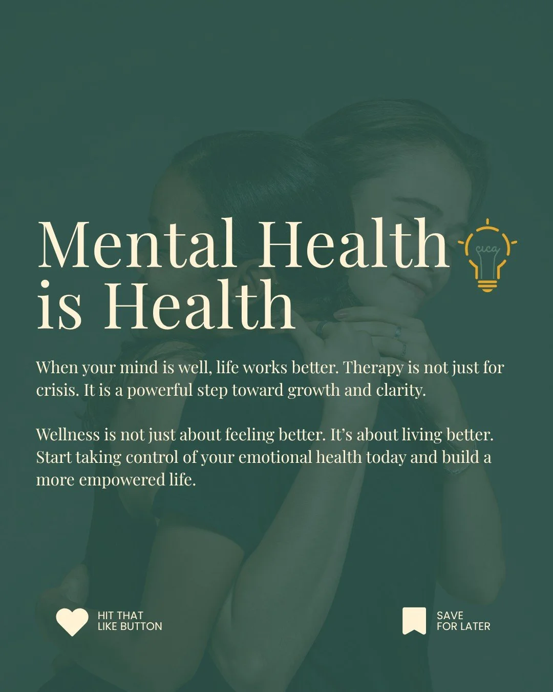Mental Illness Awareness Week reminds us that mental health is health. 💚

At CICA, we create a safe, supportive space for healing whether you&rsquo;re beginning therapy for the first time or continuing your journey.

You deserve care that honors you