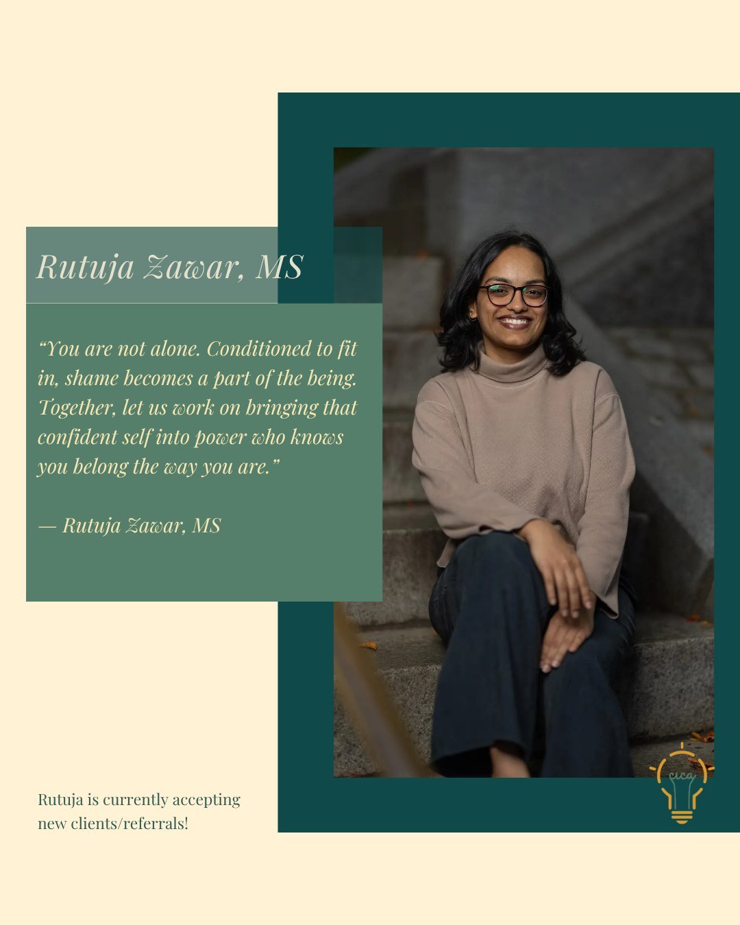 Meet Rutuja Zawar, MS (she/her) 💛

Rutuja creates a safe, welcoming space where clients can explore emotions, release shame, and reconnect with their strengths. Her relational, goal-oriented style blends mindfulness, interactive skill-building, and 