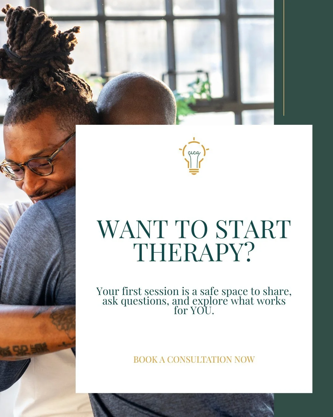 Curious about starting therapy but not sure what happens in your first session?

At CICA Boston, your first appointment is a chance to share your goals, ask questions, and get a feel for what works best for you. No pressure &mdash; just a safe space 