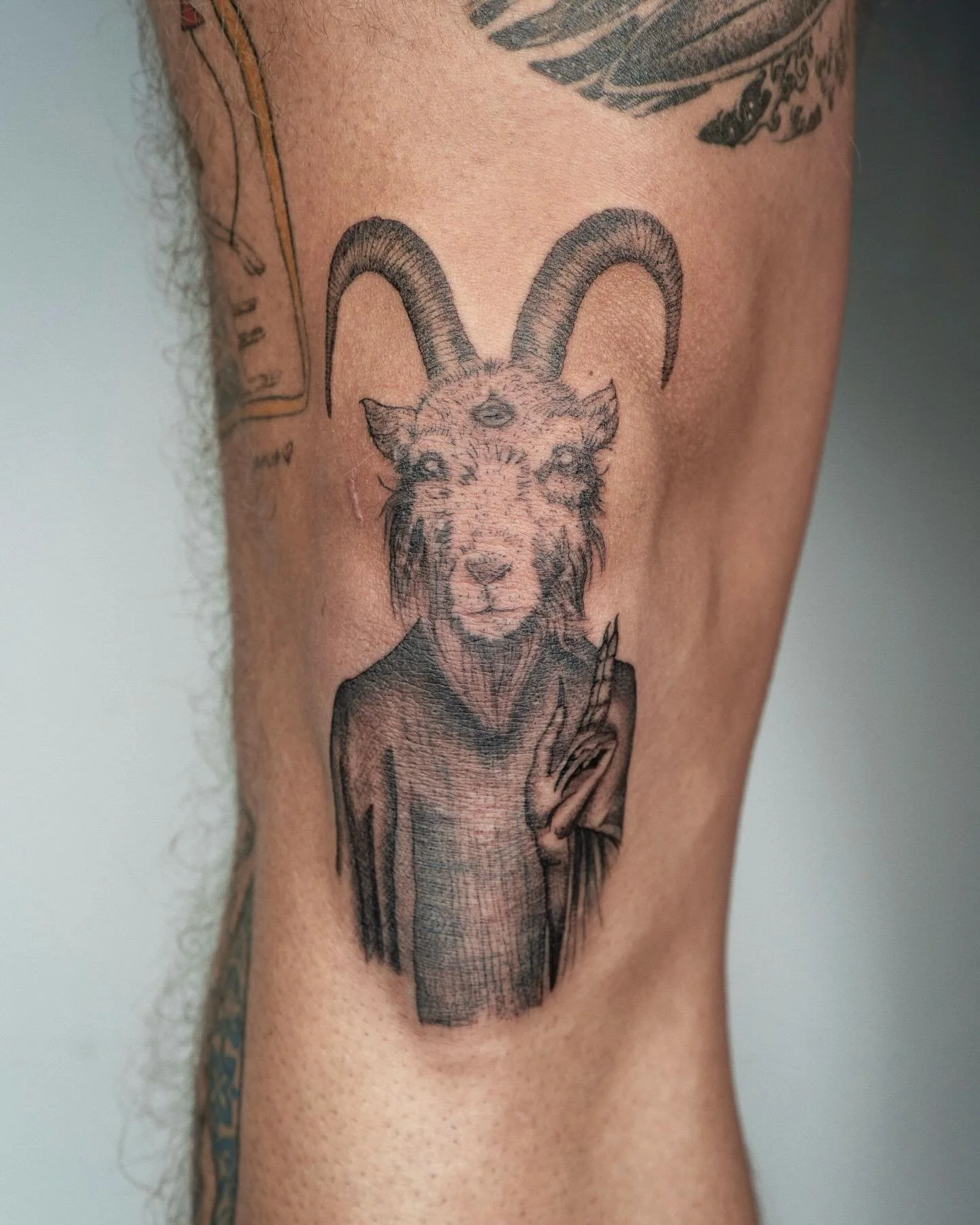 Took a break from microrealism to blast this kneecap with a fine line demon goat portrait. This session was hectic from placement to the fact that 80% of the stencil rubbed off and I had to freehand most of it 😂, but I love a challenge. Fun to switc