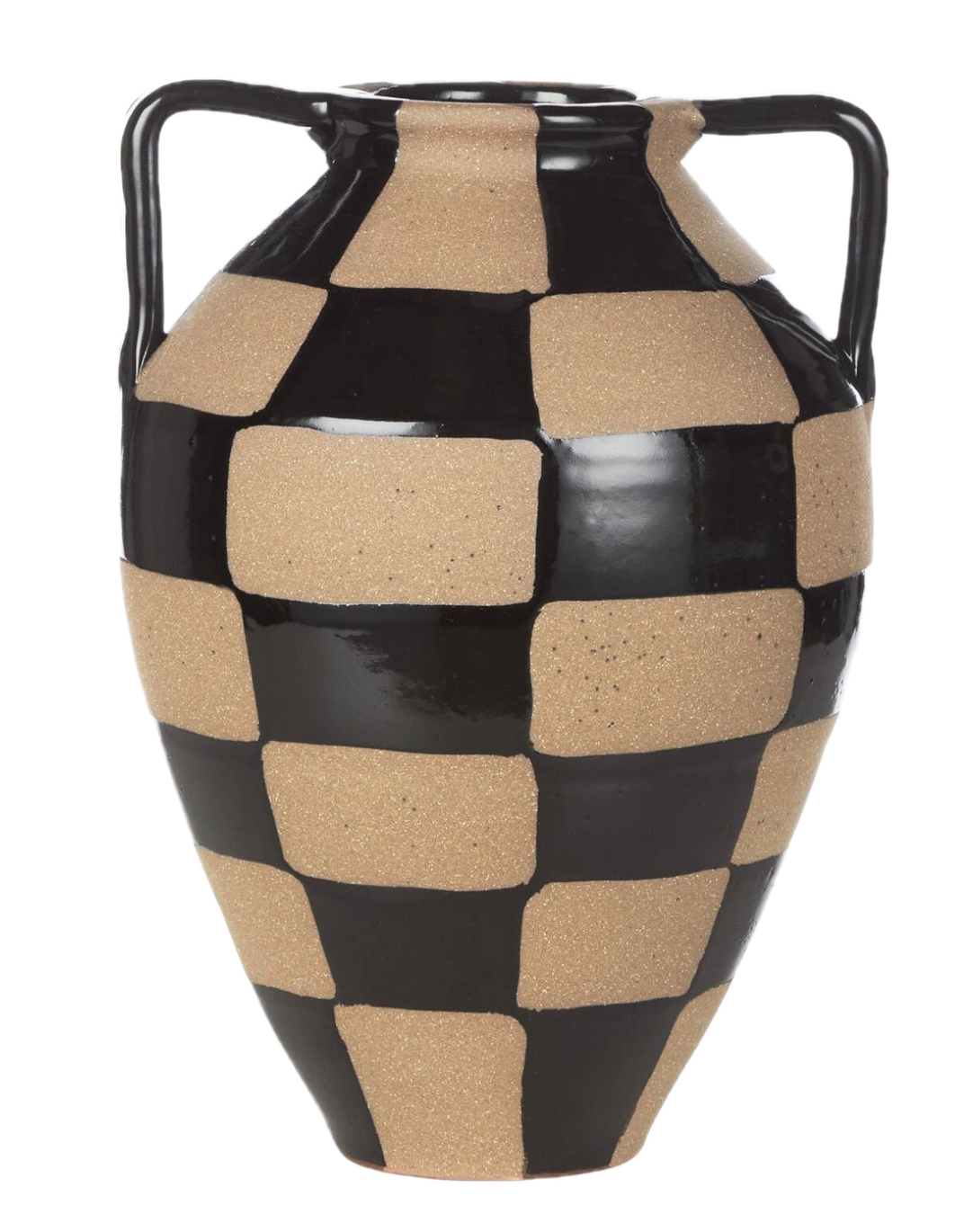 A ceramic vase with a pattern of alternating black and tan rectangles.