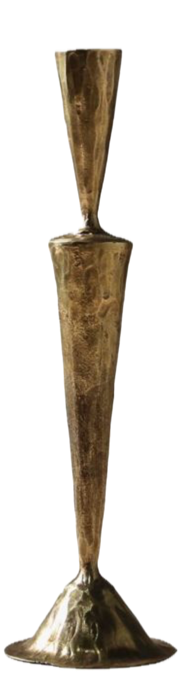 A  brass candle stick holder with a wide base and a slender body that tapers toward the top.