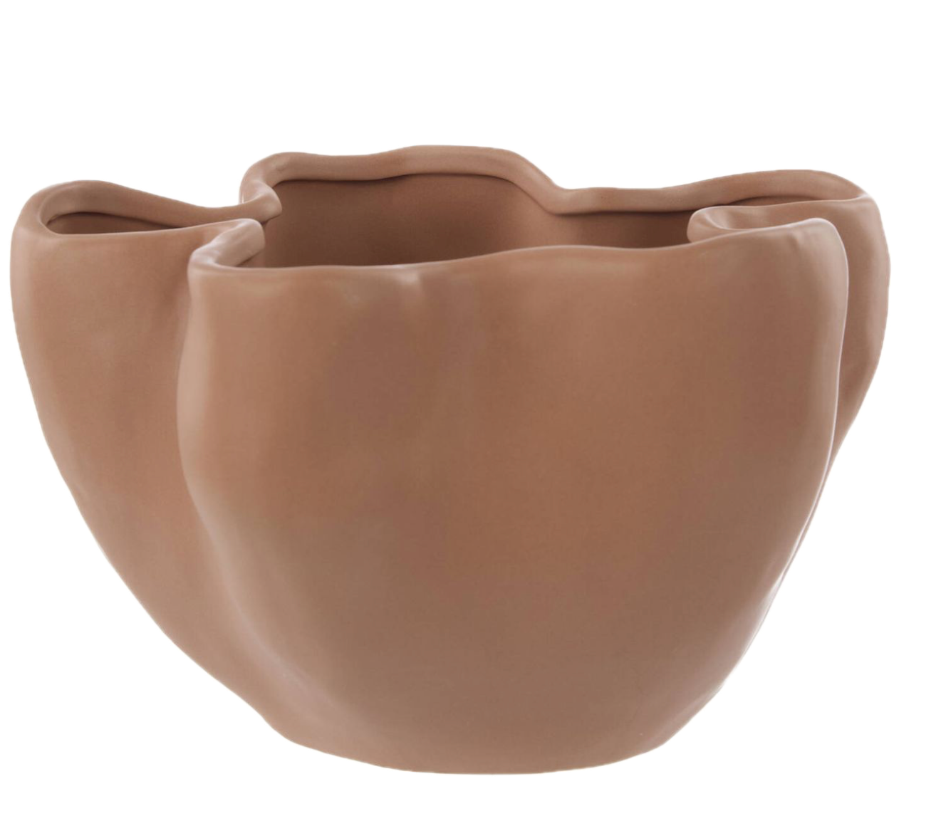 A large, brown, textured, stoneware bowl with a wavy, irregular rim.