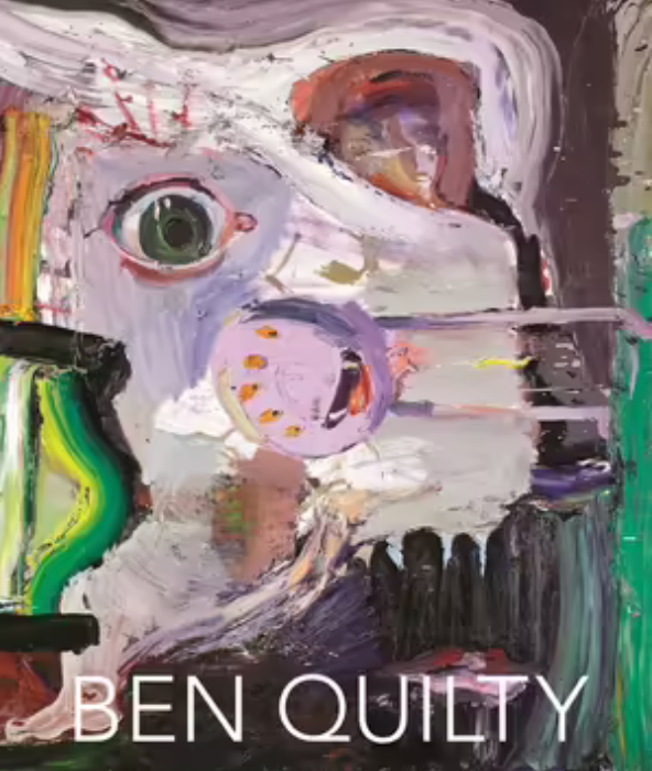 Coffee table book, cover has an abstract painting of a face, large eye, and colourful elements, with the text "Ben Quilty" at the bottom.