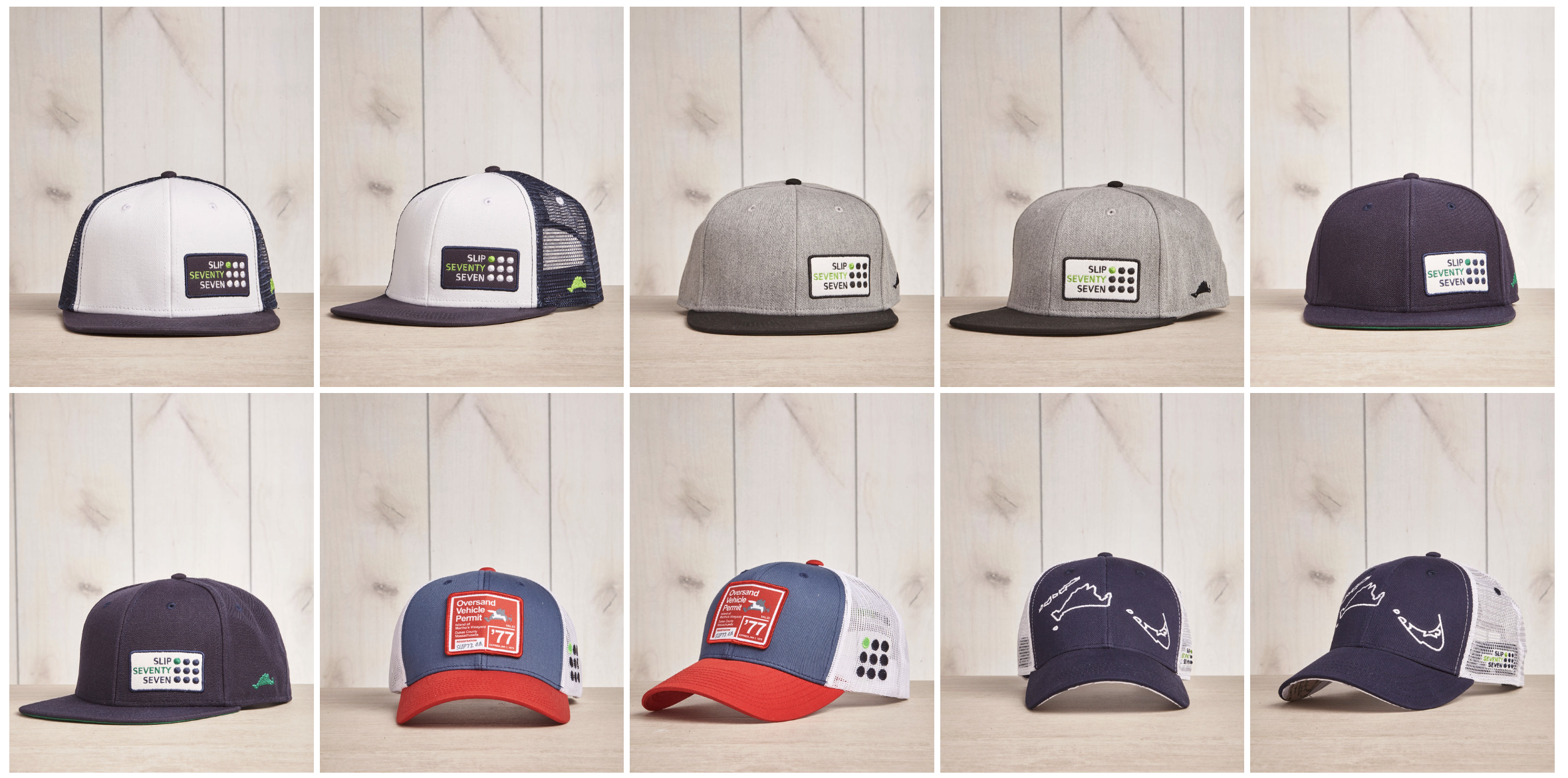 Collection of ten hats and caps with various designs and logos, arranged in two rows on a wooden surface.