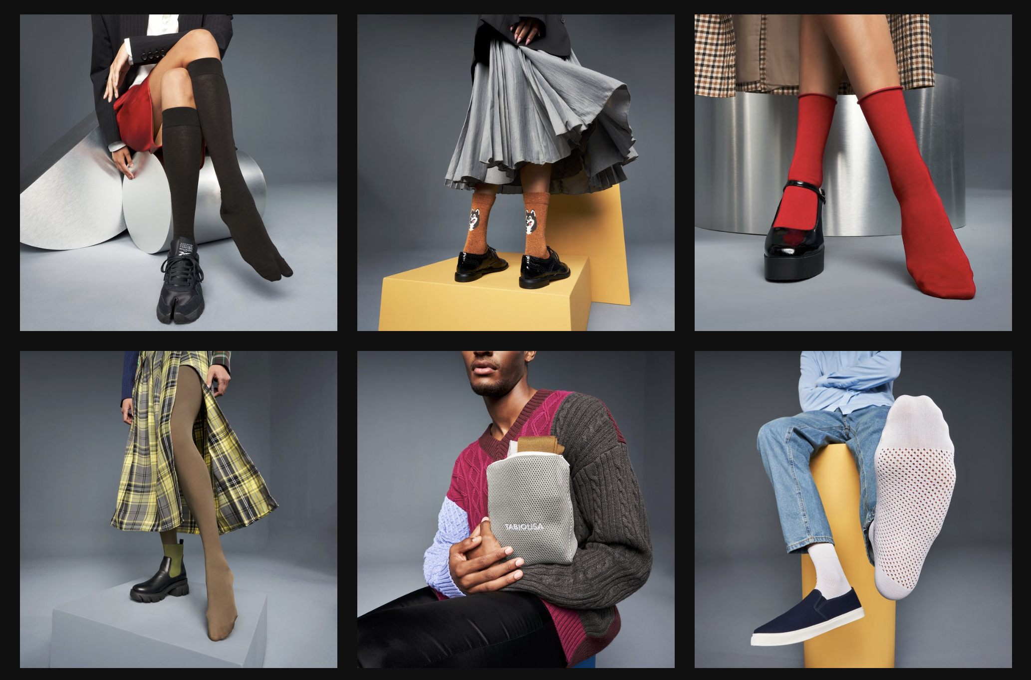 Collage of six fashion and accessories display images, featuring various clothing, shoes, socks, and a backpack on pedestals and with models.