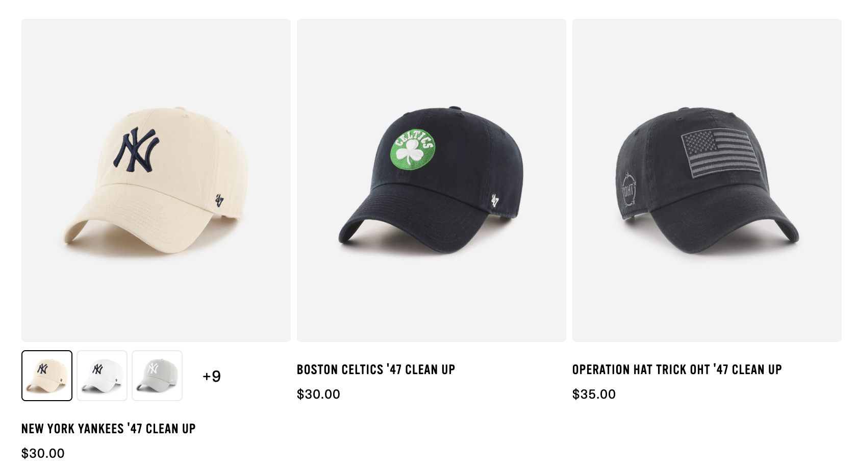 Three baseball caps on a white background: a beige New York Yankees cap, a black Boston Celtics cap, and a black cap with an American flag and other patches, with pricing and product names below.