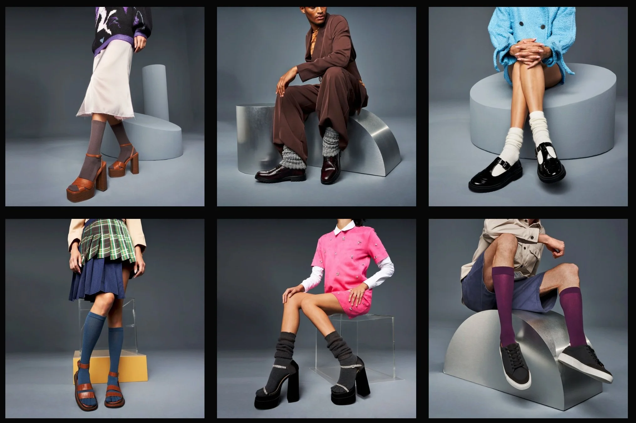 Six models showcase various fashion styles and footwear against a gray backdrop, each seated on geometric and modern stools or sitting on the floor, with focus on different clothing and shoes.