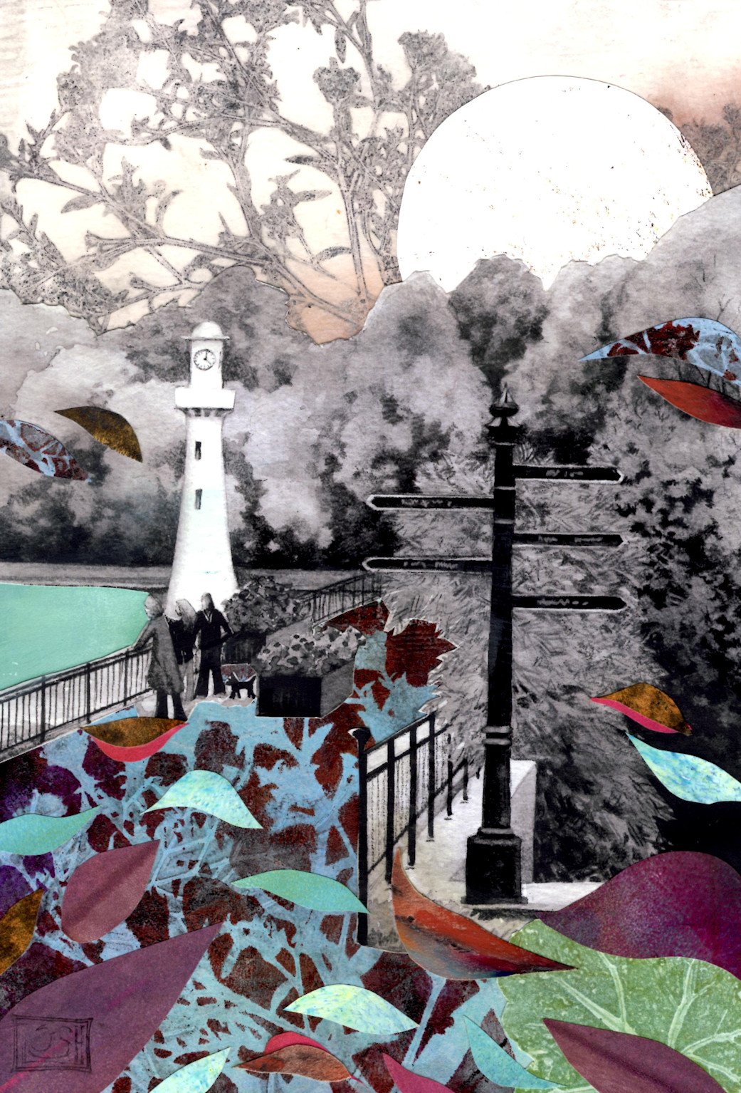 Original monoprint collage - surreal vision of the Scott Memorial in Roath Park Cardiff, in shades of plum and aqua.