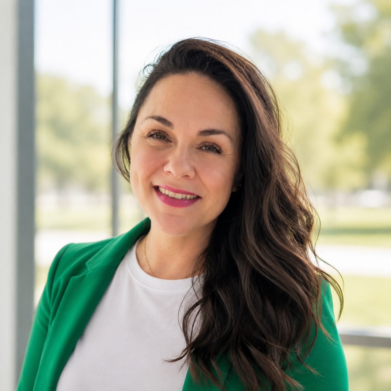 Lady smiling with green blazer and white shirt