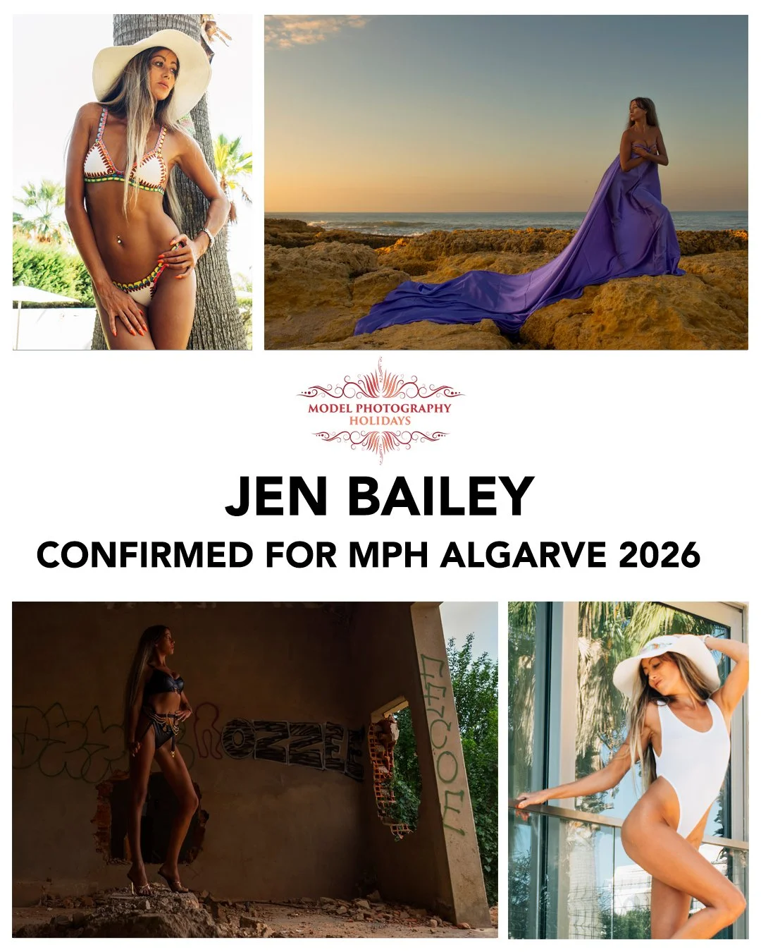 Collage of four images featuring a female model named Jen Bailey. The top left shows her in a colorful bikini and large sunhat outdoors. The top right depicts her in a purple gown on rocky terrain at sunset by the ocean. The bottom left shows her in black lingerie in a graffiti-covered, abandoned building. The bottom right displays her in a white swimsuit and sunhat inside a modern room with large windows.
