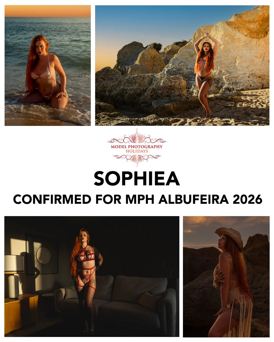 Collage of four photographs of a red-haired woman in various poses and outfits, with a logo and text announcing her confirmation for MPH Albufeira 2026.