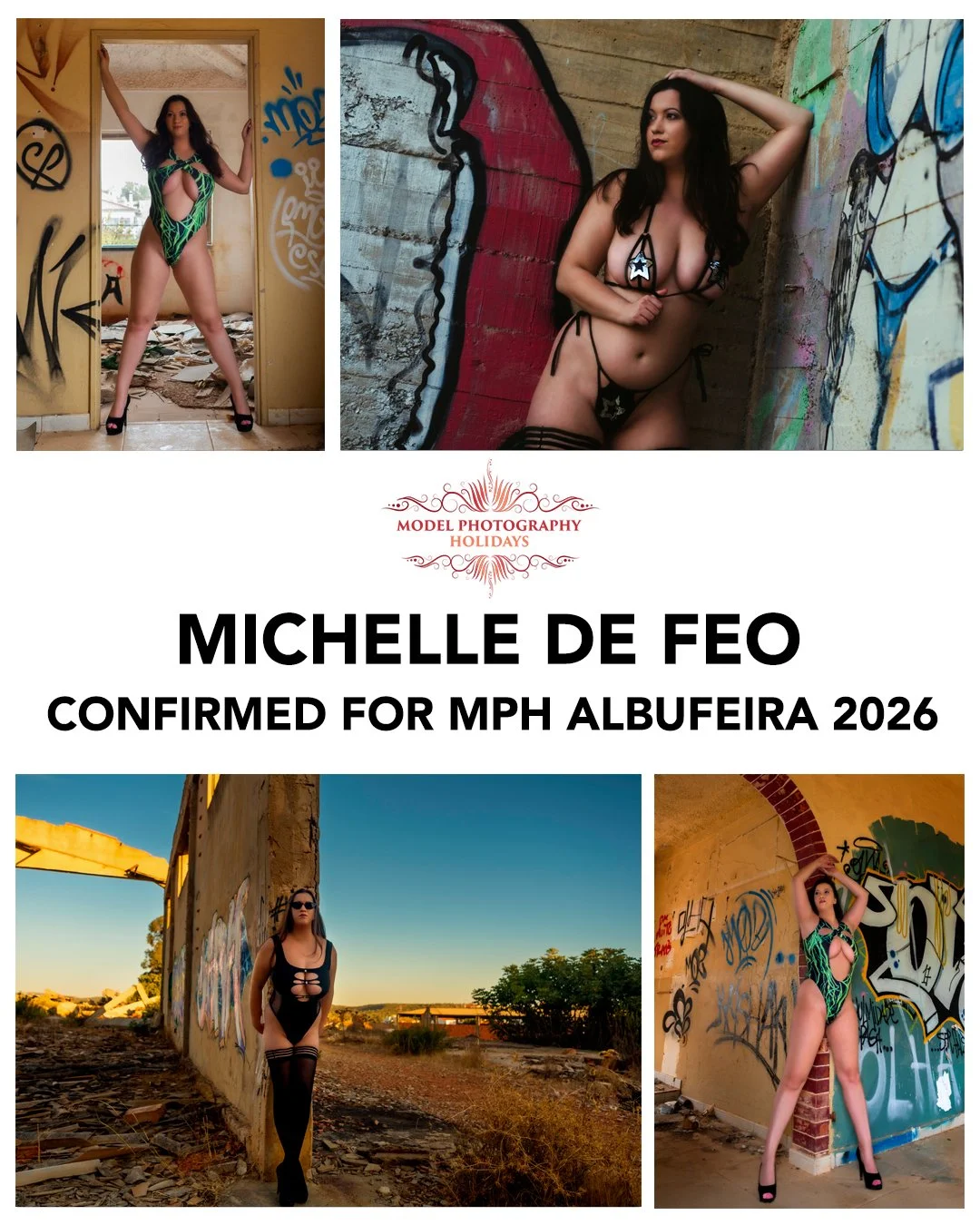 Collage of four photographs of a woman in various outfits and poses, with graffiti backgrounds and a note about her being confirmed for an event in 2026, and a logo for model photography holidays.