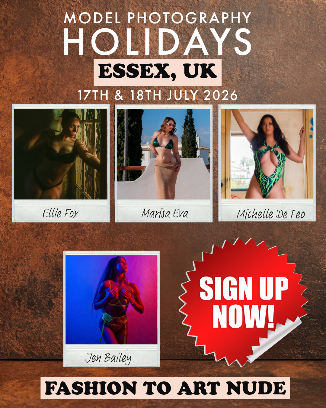 Advert for Model Photography Holidays Essex Photography Workshop on the 17th and 18th July 2026