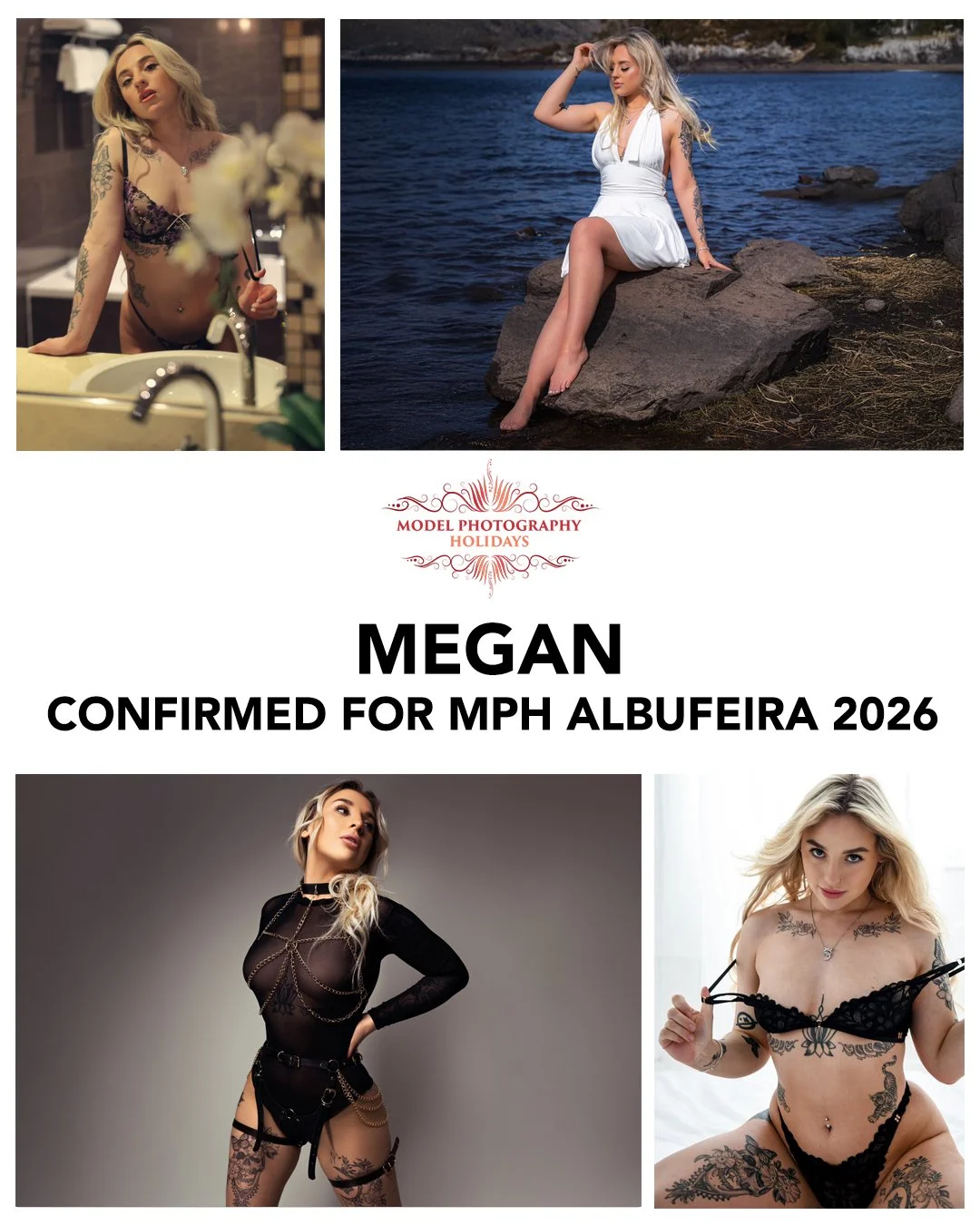 Collage of five photos of a blonde woman with tattoos, in various outfits and settings, promoting her being confirmed for MPH Albufera 2026.