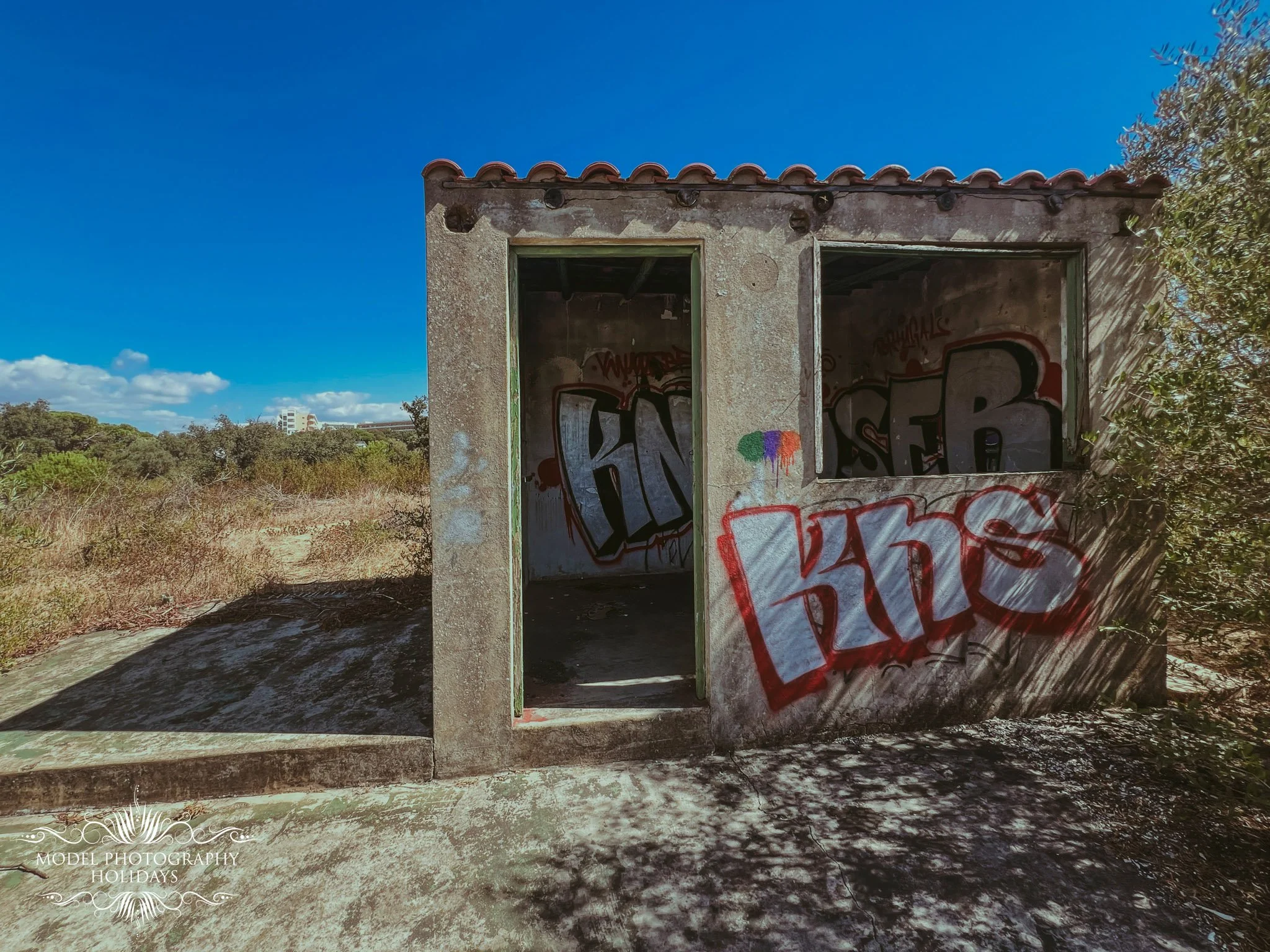 Abandoned building with graffiti on the walls, surrounded by dry grass and trees under a bright blue sky.