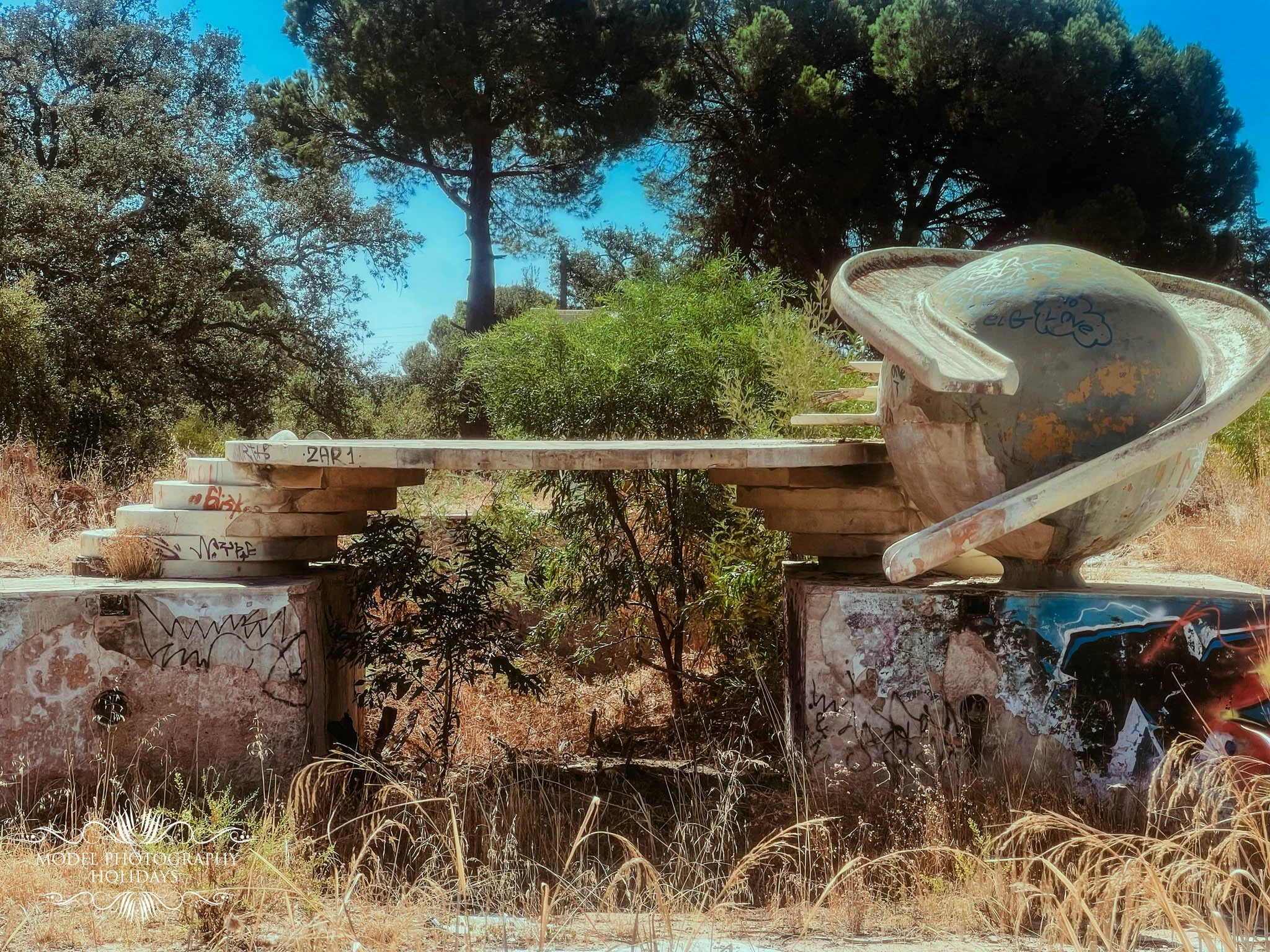 An outdoor scene featuring a large tree with a wide canopy, a blue sky, and an old, weathered wheelbarrow with graffiti on its side, placed on a brick structure amidst dry grass and bushes.