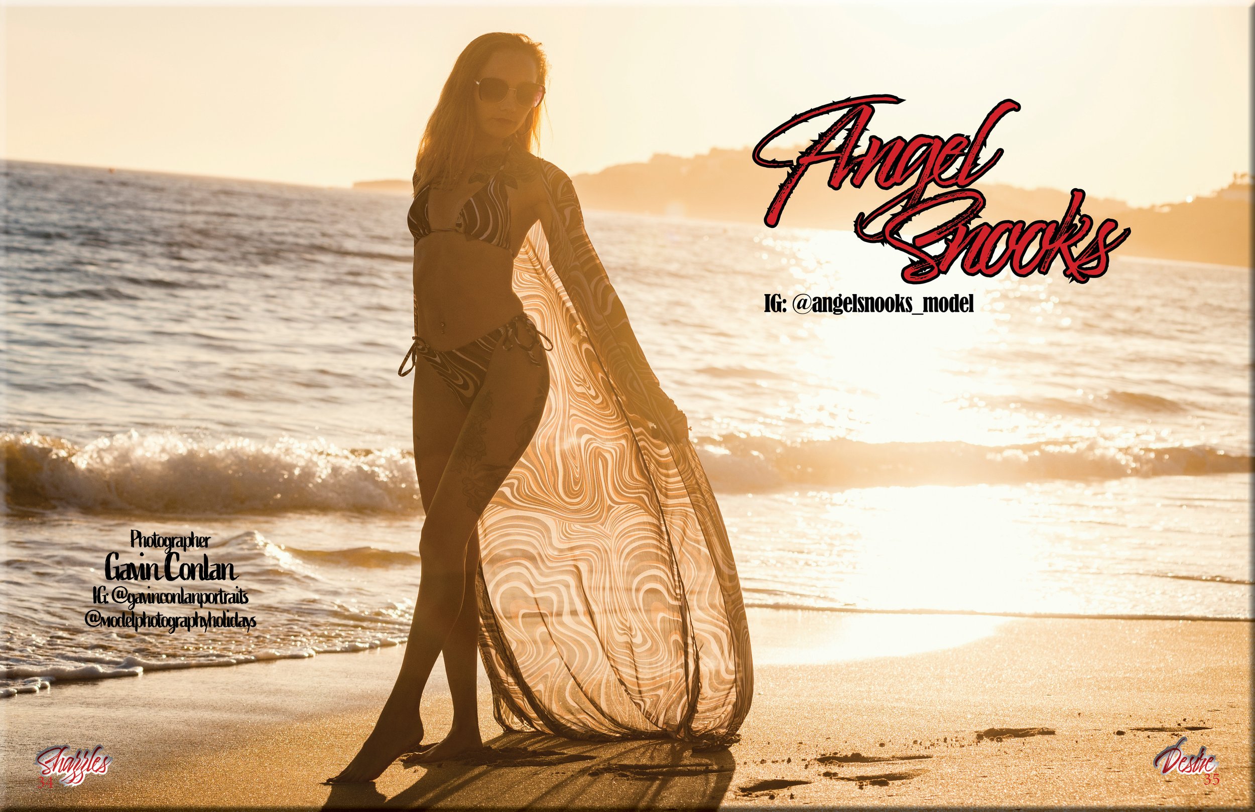 Woman standing on beach at sunset, wearing a bikini and sheer cover-up, with ocean waves in the background. Text includes "Angel Snooks" and photographer details.