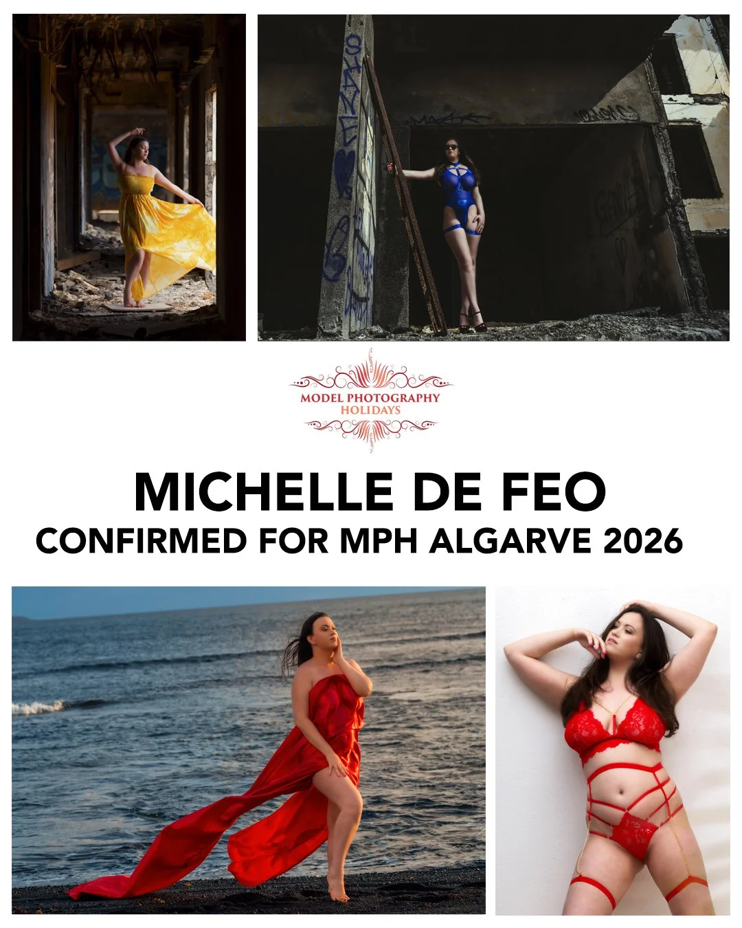Collage of four photos of a model posing in different settings and outfits, with text indicating she is Michelle de Feo confirmed for MPH Algarve 2026, and a logo in the center reading 'Model Photography Holidays'.