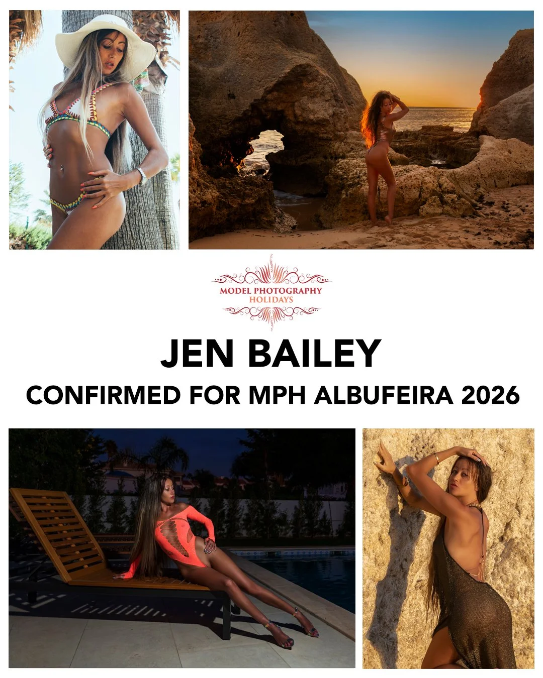 Collage of five photos of a woman in various beach and poolside settings, promoting her model photography portfolio for Jen Bailey, confirmed for MPH Albufeira 2026.