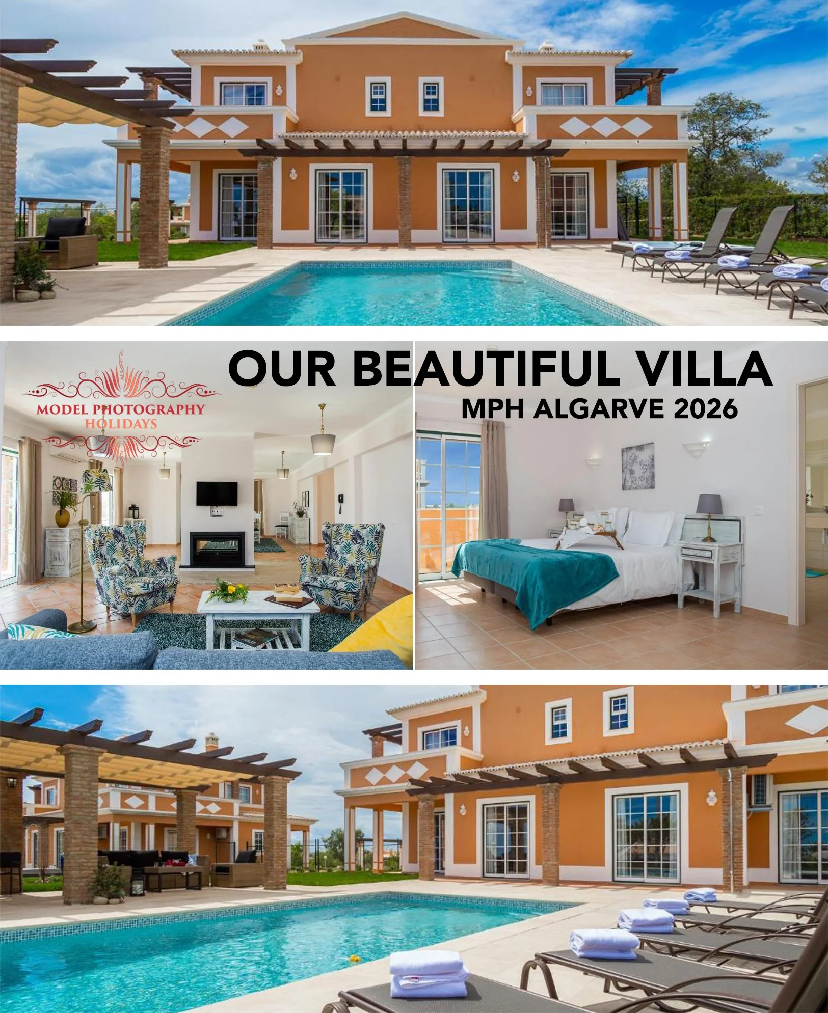 A collage of photos of an orange two-story villa with a backyard swimming pool, outdoor lounge area, and interior rooms with modern furnishings, advertising a property in Algarve, Portugal, with text indicating it is available for holidays in 2026.